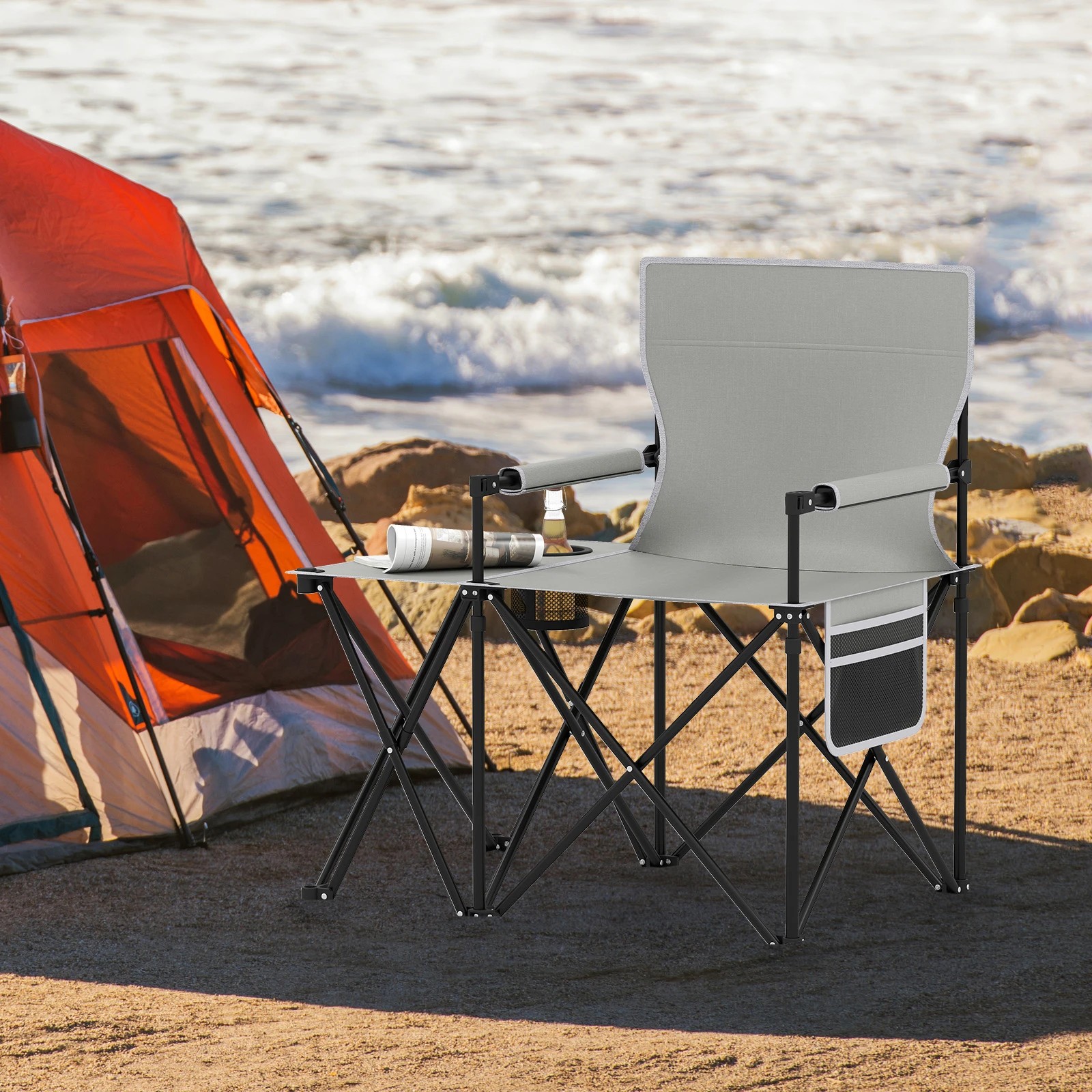 2 Costway Folding Camping Chair w/Side Table 2 Storage Pockets Cup Holder Picnic Chair - Grey, 2 of 3