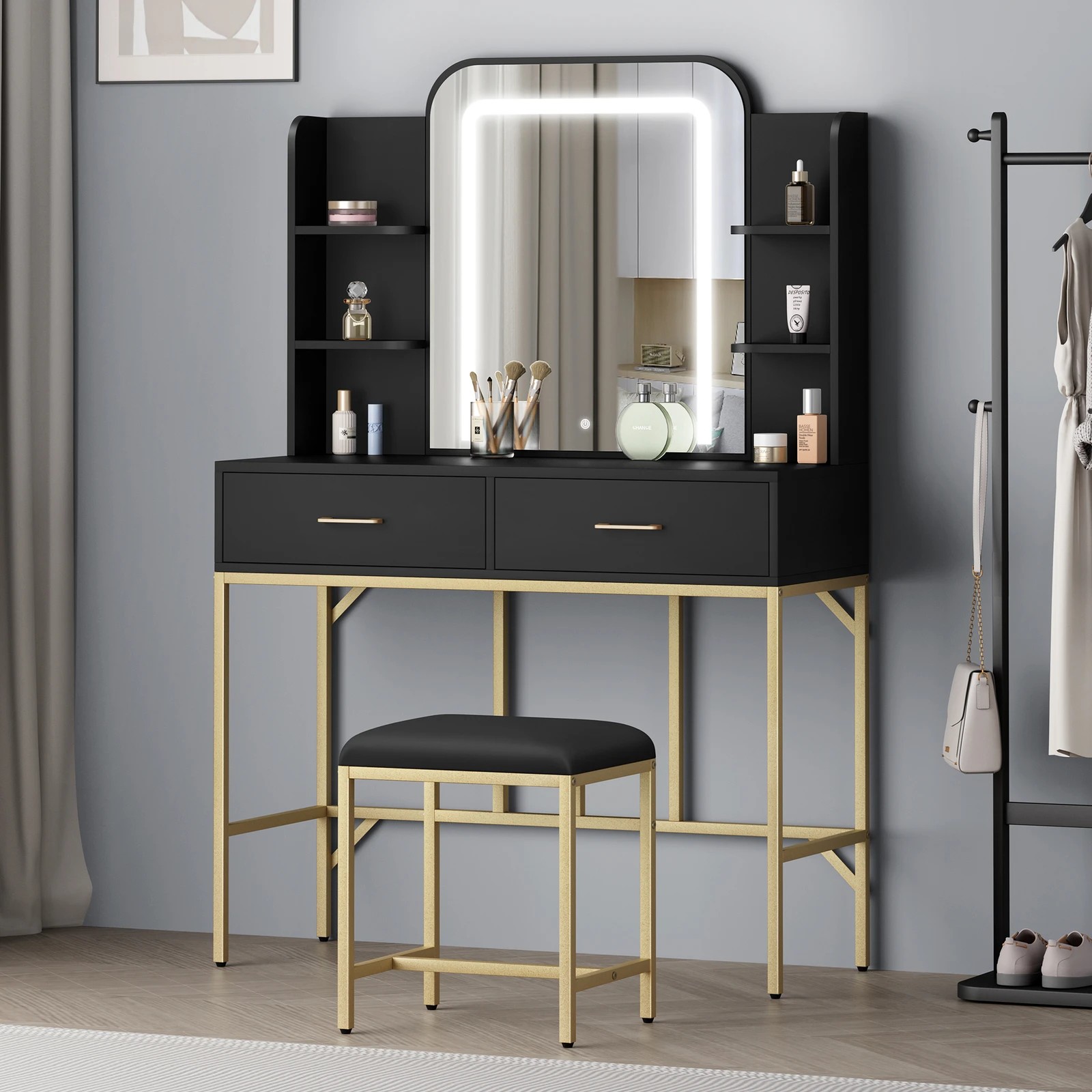 1 Alfordson Dressing Table Stool Set Makeup Mirror LED Vanity Desk Metal - Black, 1 of 10