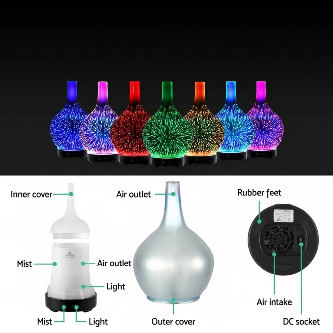 4 Devanti Ultrasonic Aroma Aromatherapy Diffuser 3D Light Oil Firework - Black, 4 of 6