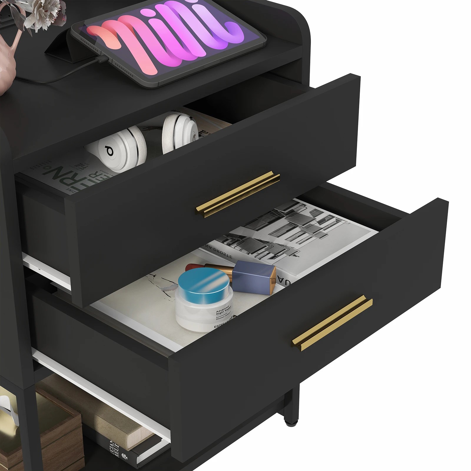 4 Advwin Bedside Table with Charging Station Led Lights 2 Drawers Open Shelves - Black, 4 of 7