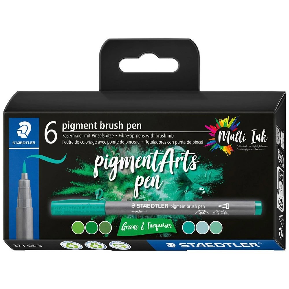 1 Staedtler Pigment Arts Brush Pens Greens & Turquoises 6 Pack, 1 of 2