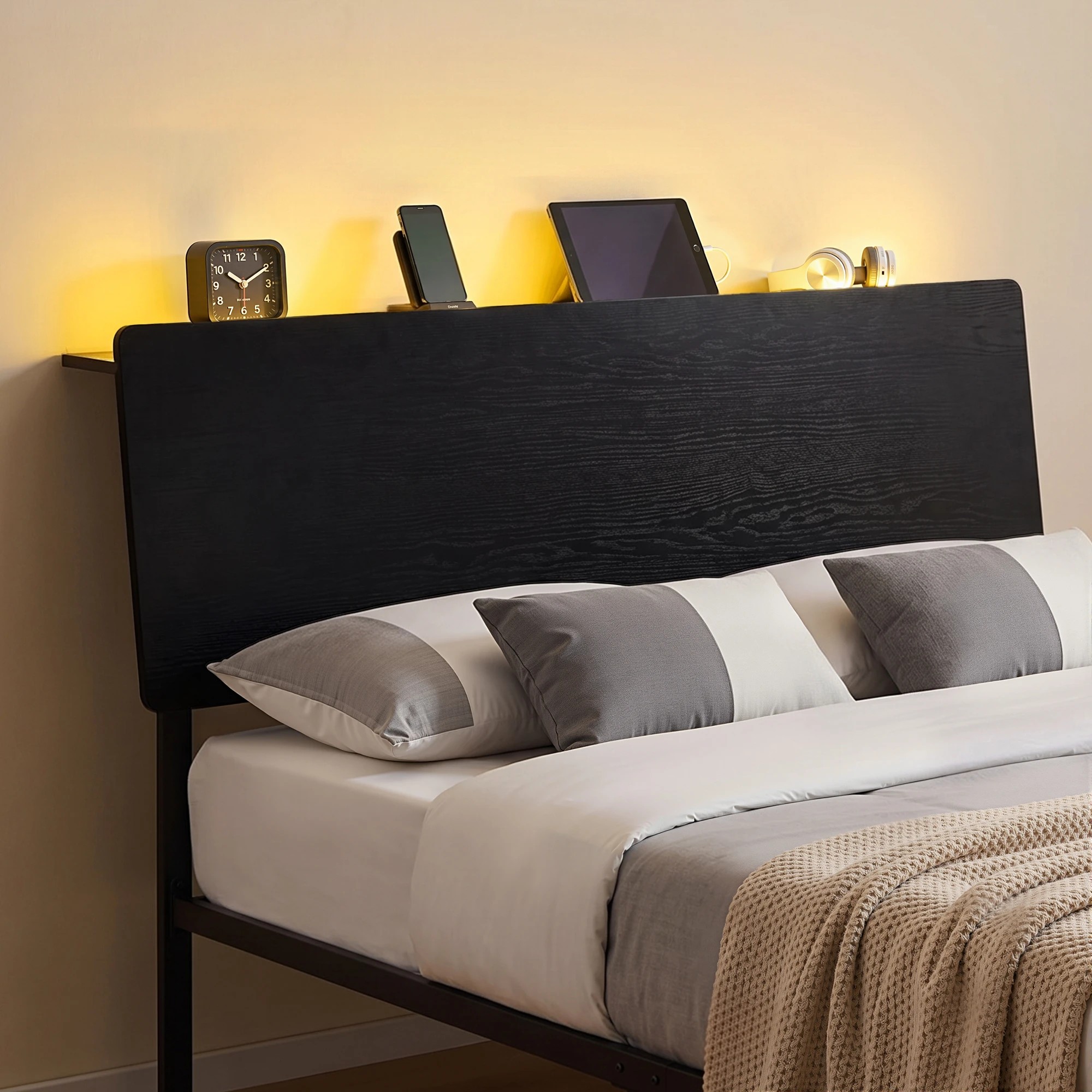 7 Artiss Bed Frame Queen Size LED Metal Bed Base with Charging Station LAN - Black, 7 of 8