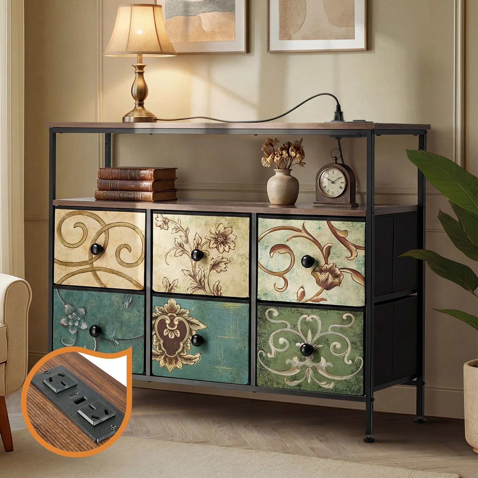 3 Oikiture 6 Chest of Drawers Fabric Retro Dresser Lowboy Shelf Charging Station - Multi, 3 of 6