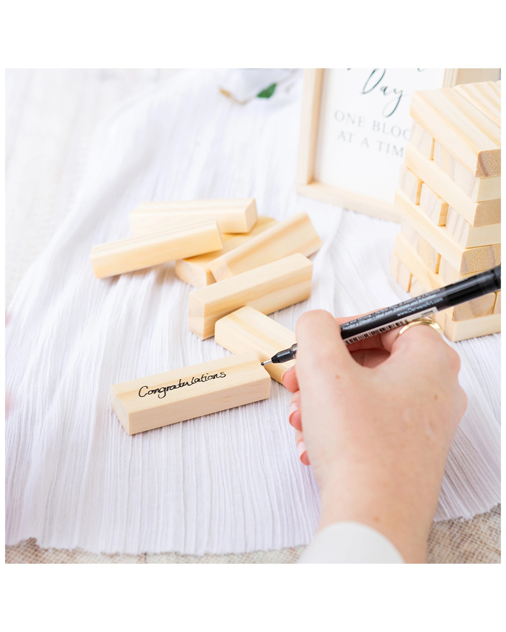 3 Wedding Wooden 26.5x10cm Decorative Signature Block Engagement Event Decor Cream
 - Beige, 3 of 4