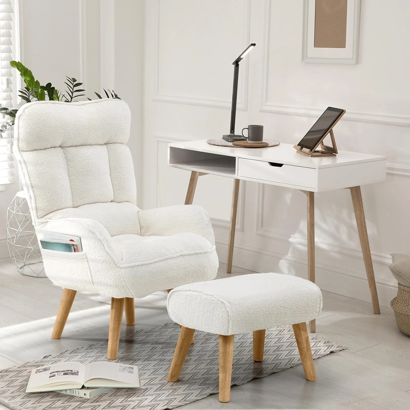 4 Oikiture 2X 360 Swivel Recliner Armchair Lounge Ottoman Chair With Stool Sherpa - White, 4 of 10