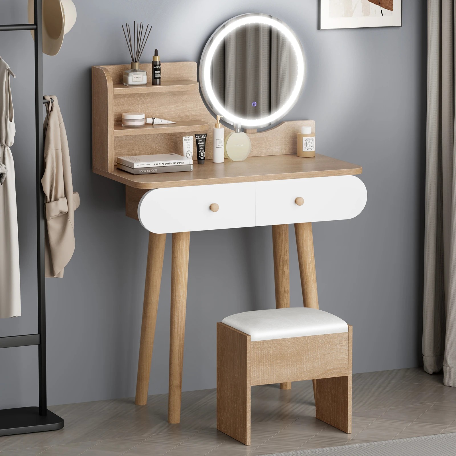 2 Alfordson Dressing Table Stool Set Makeup Mirror Vanity LED Light - Natural, 2 of 10