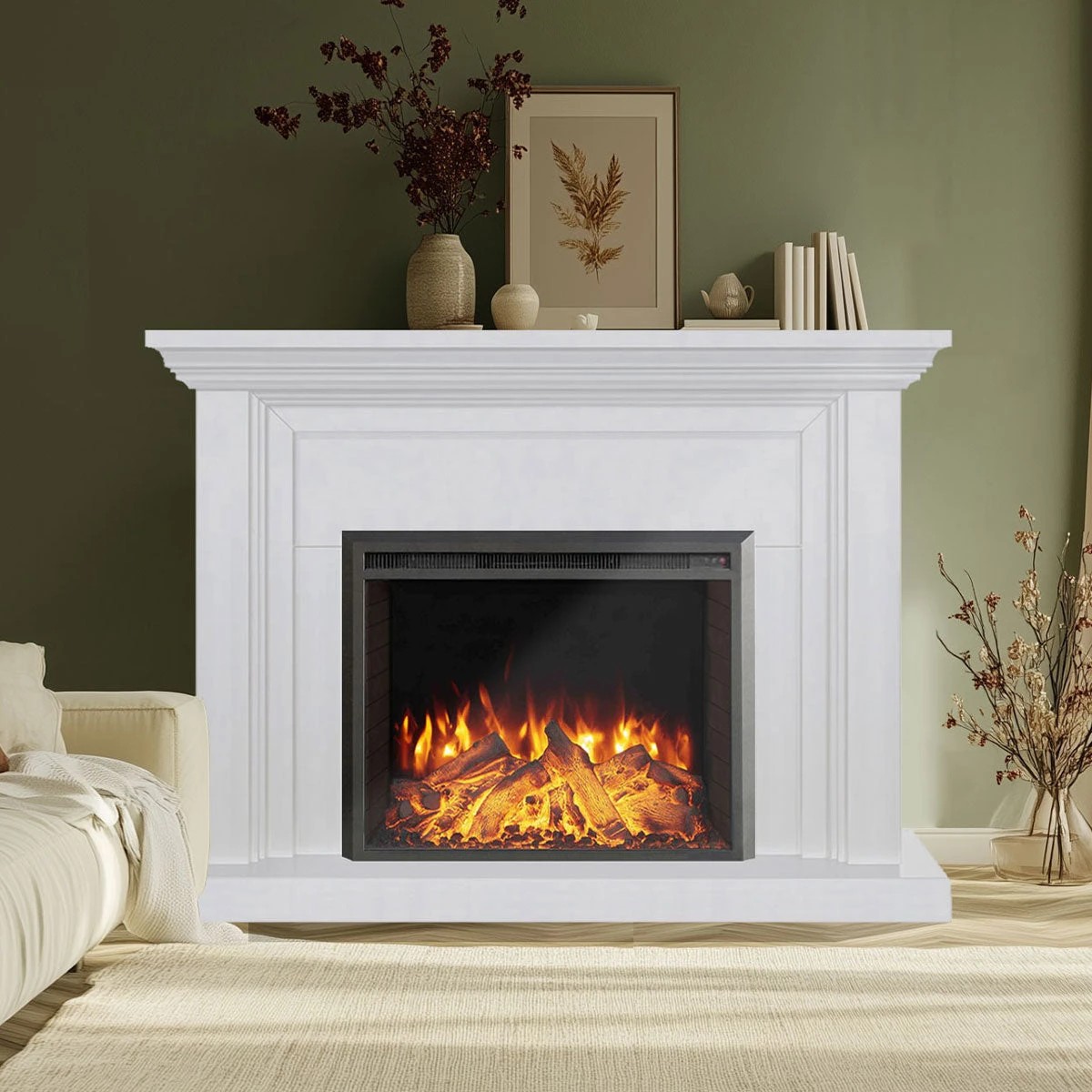 1 Moda Living Kingsley Electric Fireplace Heater White Mantel Suite with Starlight Insert - White, 1 of 5