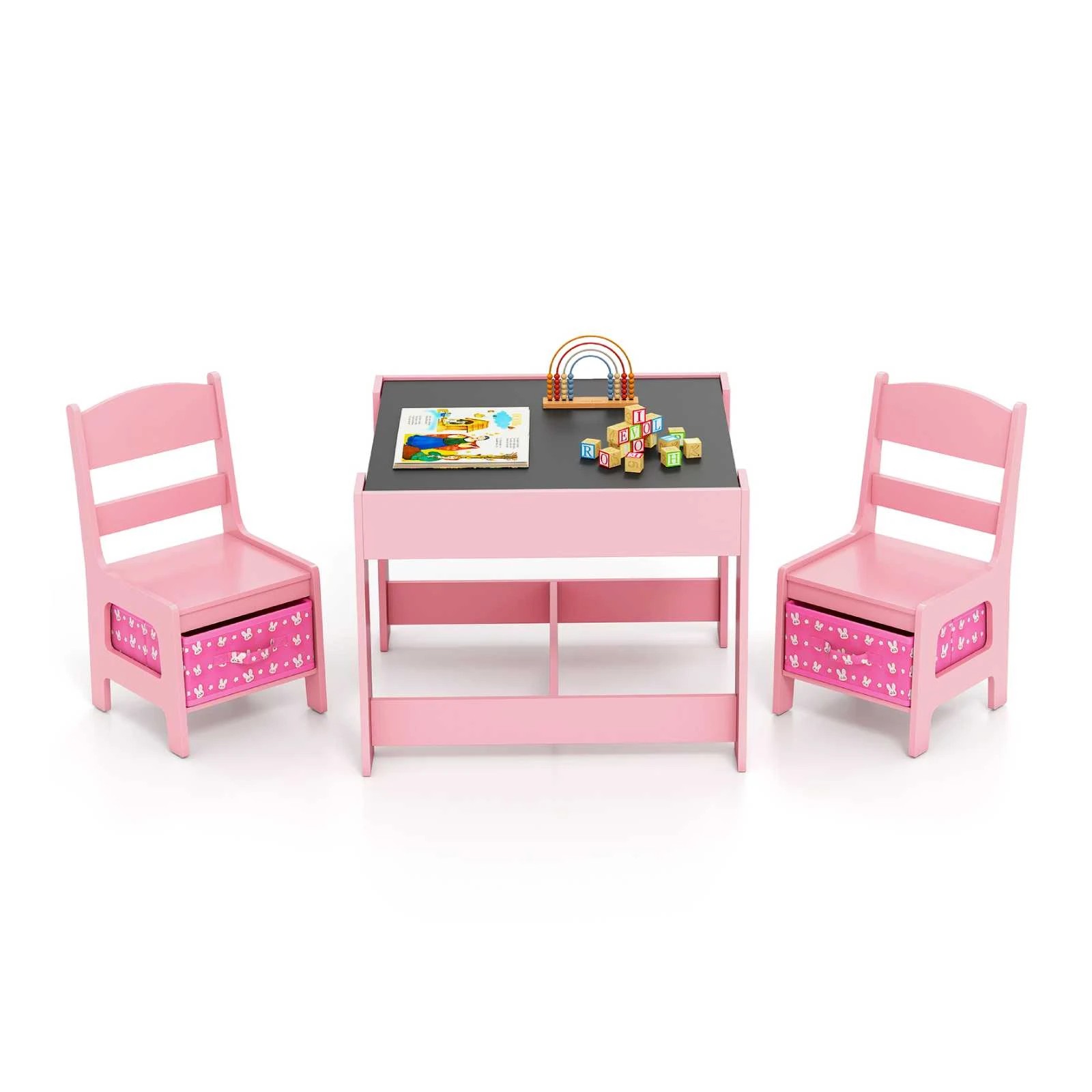 1 Costway 3in1 Table Chairs Set Reversible Play Drawing Table - Pink, 1 of 1