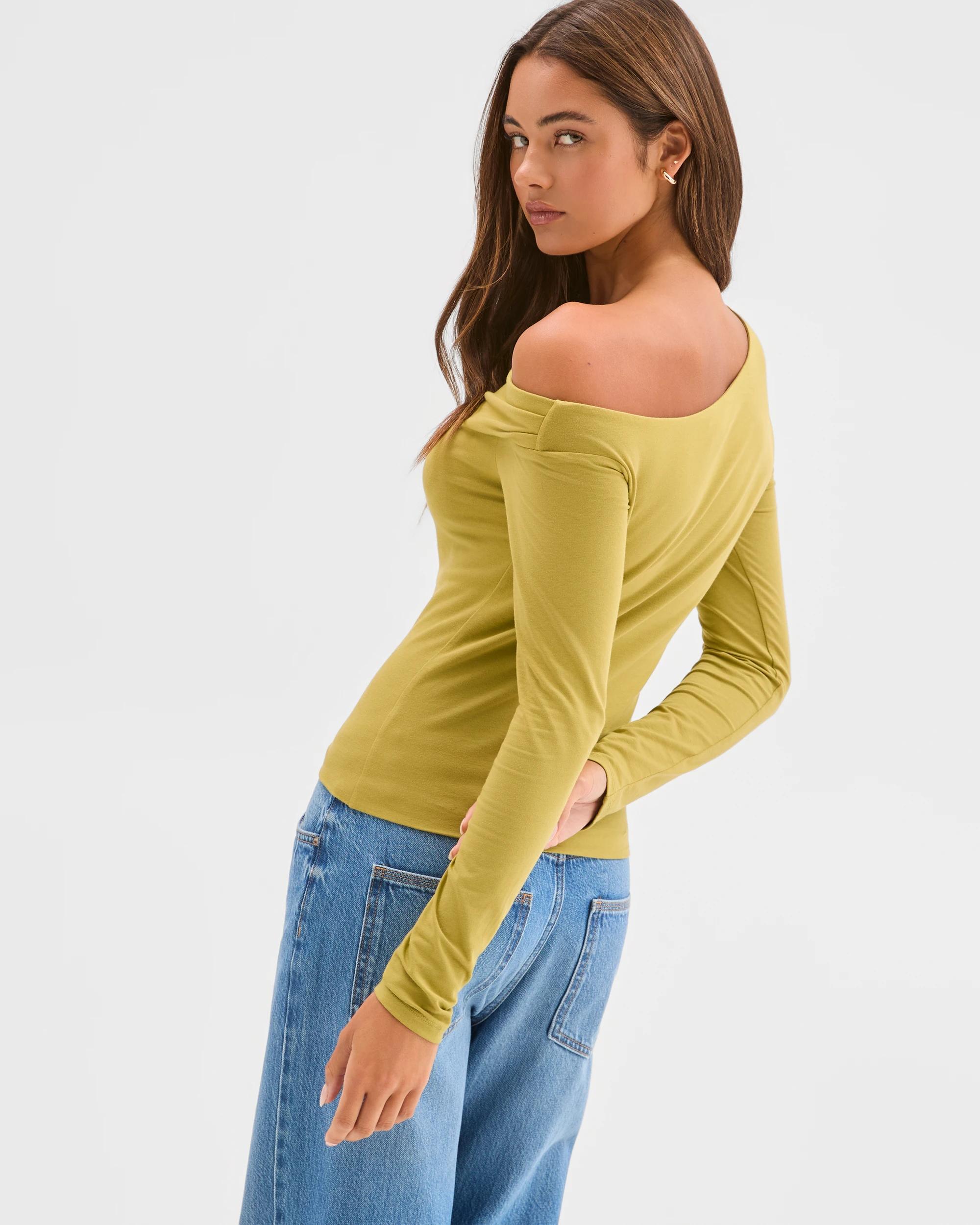 6 Lily Loves Australian Cotton Off Shoulder Long Sleeve Top MARTINI GREEN, 6 of 7