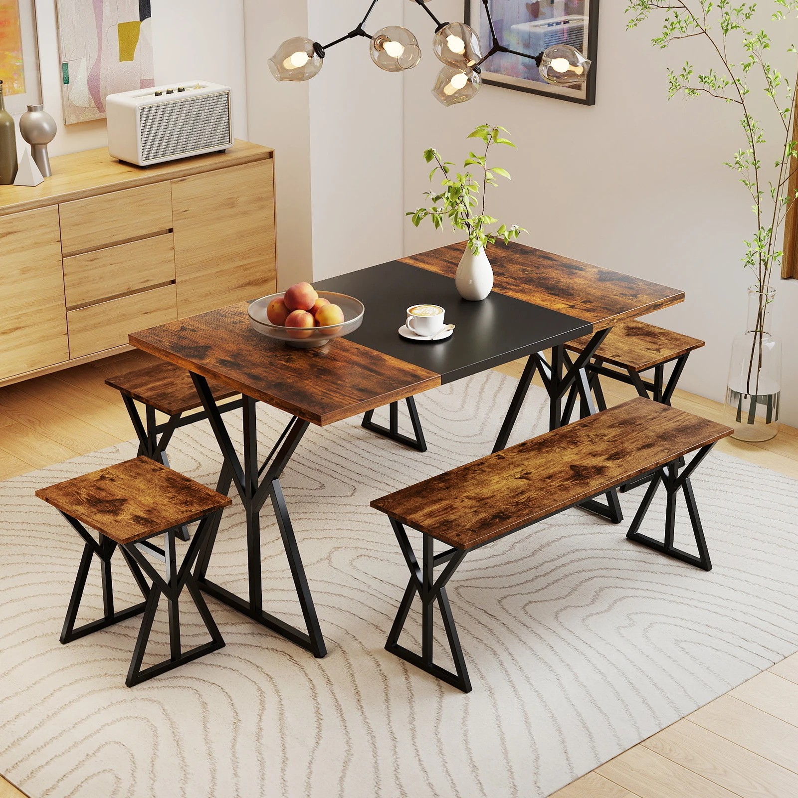 2 Costway 5PCS Dining Set Rectangular Kitchen Table w/2 Benches & 2 Stools Metal Frame - Brown, 2 of 4