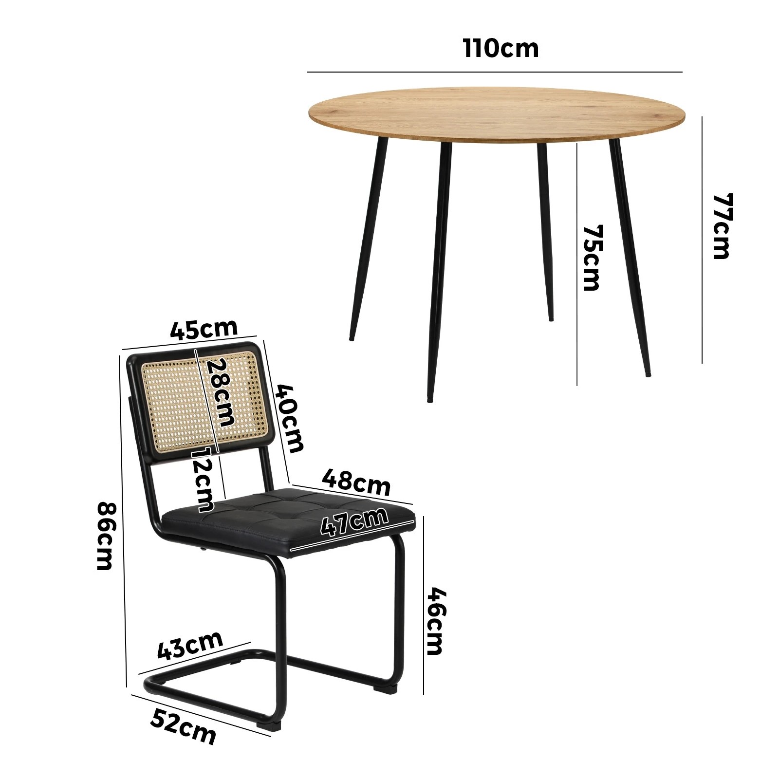 2 Oikiture 110cm Round Dining Table with 4PCS Dining Chairs Leather Padded - Black, 2 of 9