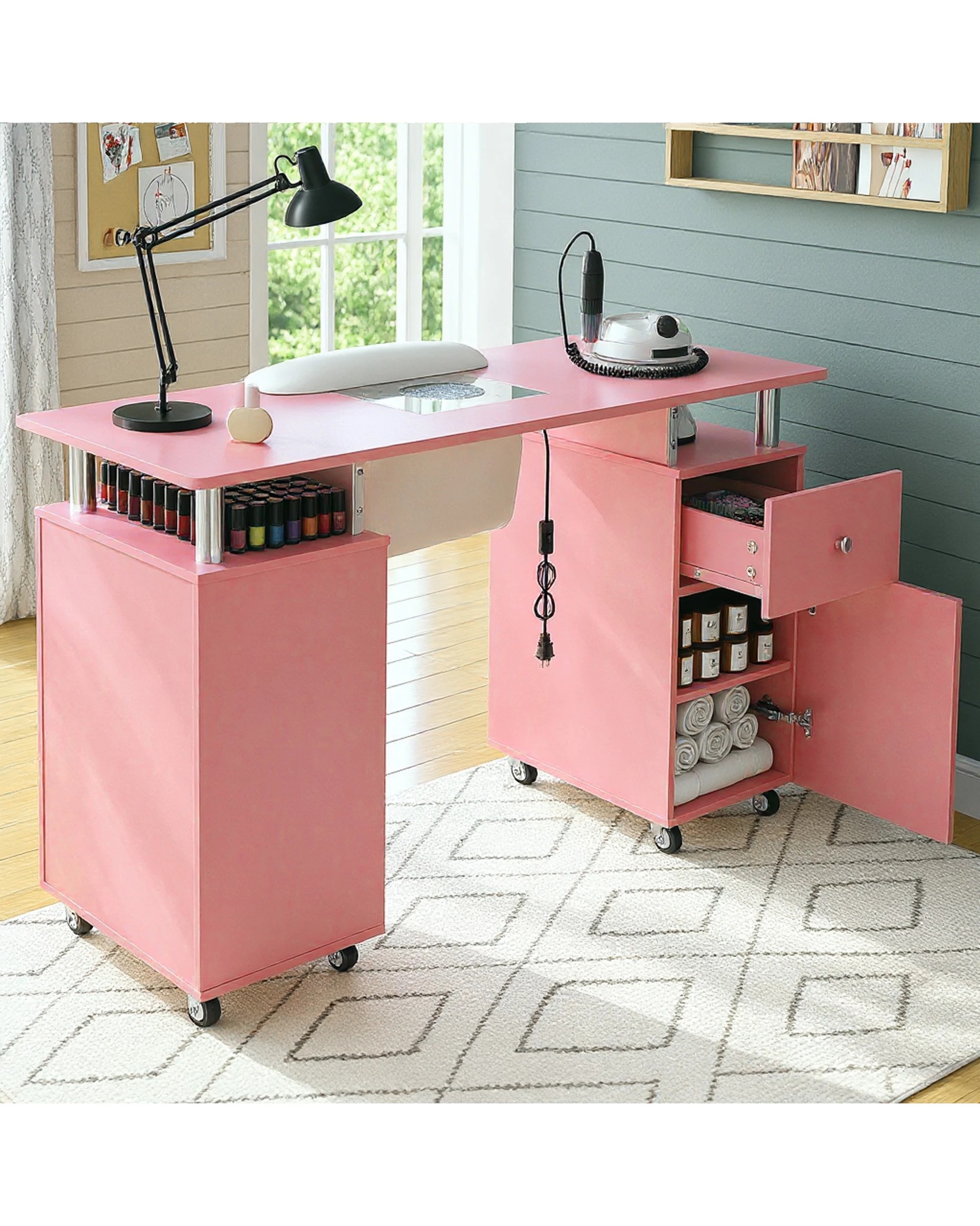 2 Advwin Manicure Table Vanity Desk for Nail Tech with Dust Collector Wrist Rest Lockable Wheels - Pink, 2 of 10