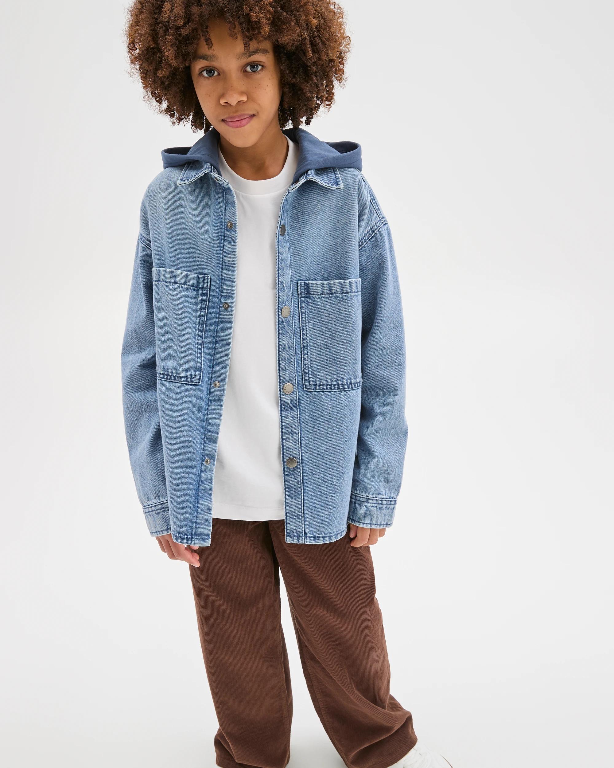 2 Target Kids Long Sleeve Hooded Denim Shirt MID BLUE WASH, 2 of 6