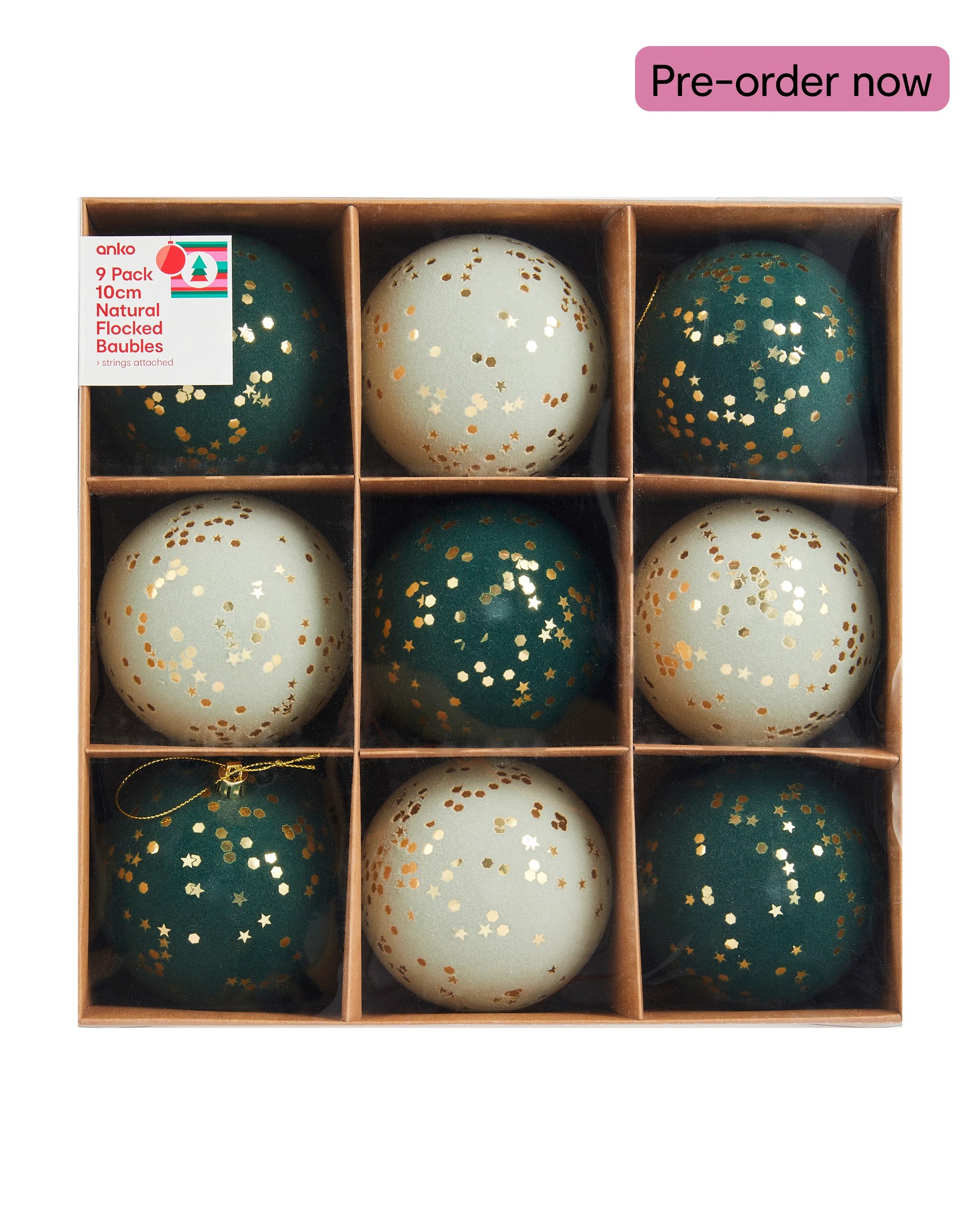 1 9 Pack 10cm Natural Flocked Baubles, 1 of 5