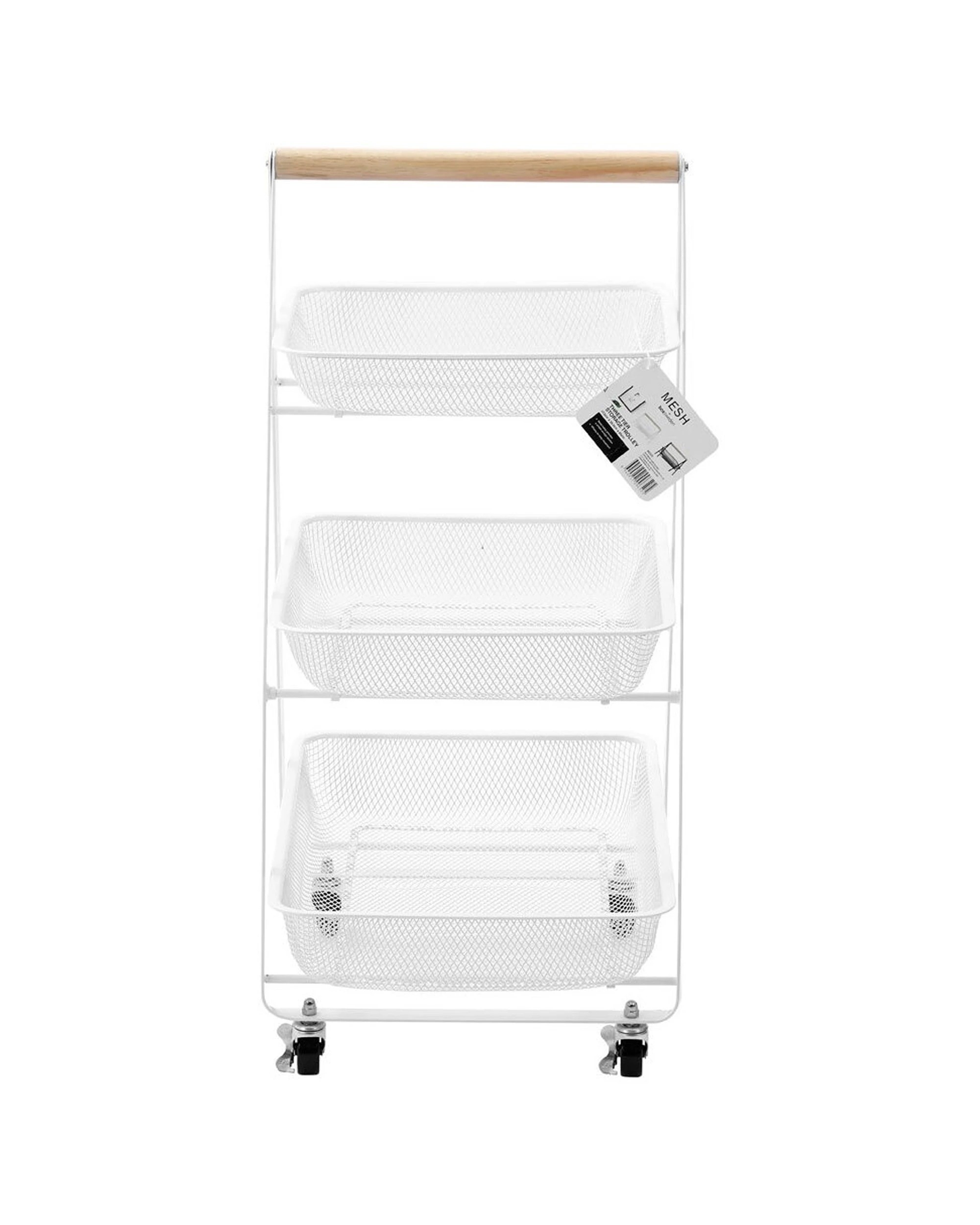 3 Boxsweden 3 Tier Mesh Storage Trolley With Wheels And Wooden Handle - 85cm
 - White, 3 of 5