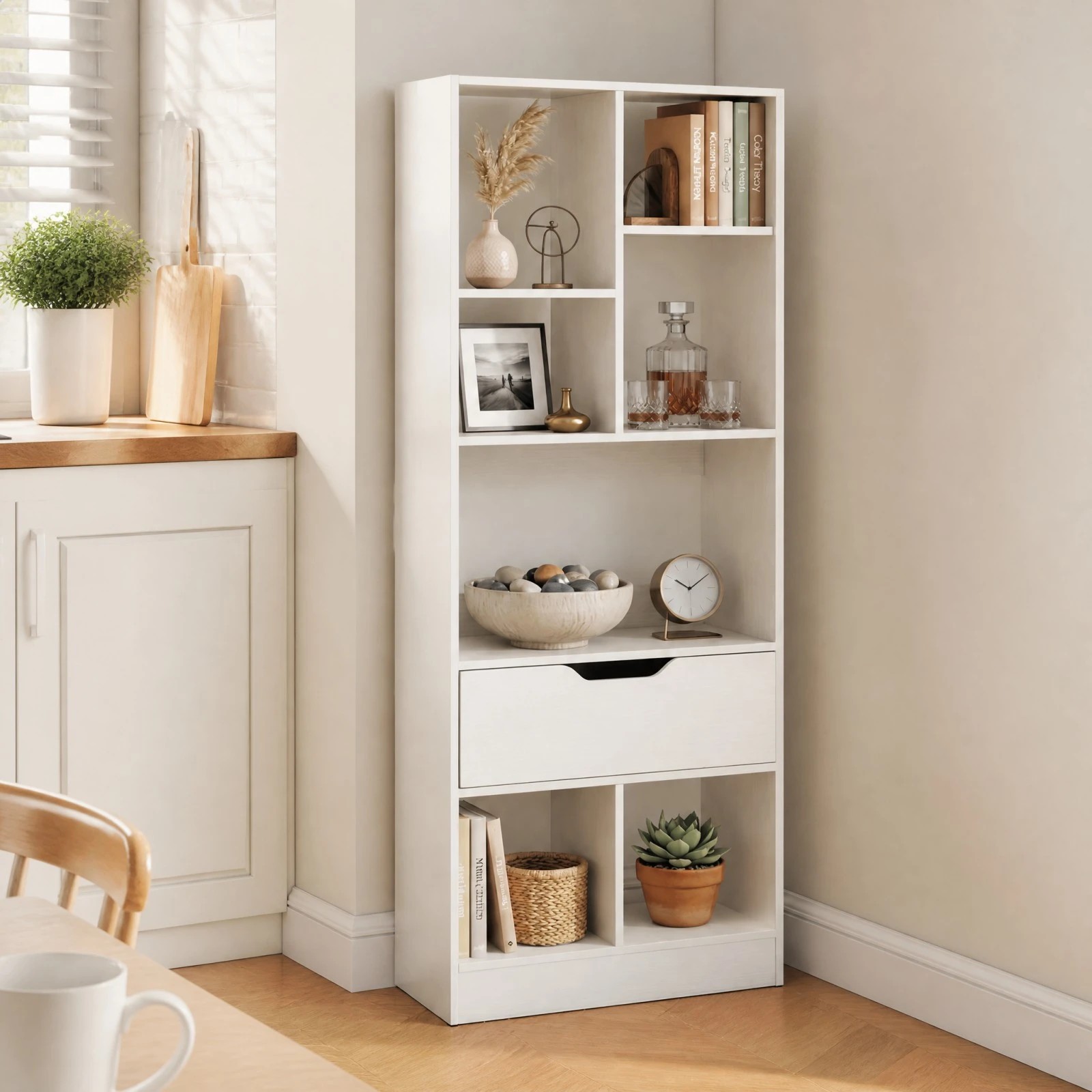 2 Costway 7 Cube Tall Bookshelf Bookcase w/Drawer Floor Display Rack Home Office - White, 2 of 5