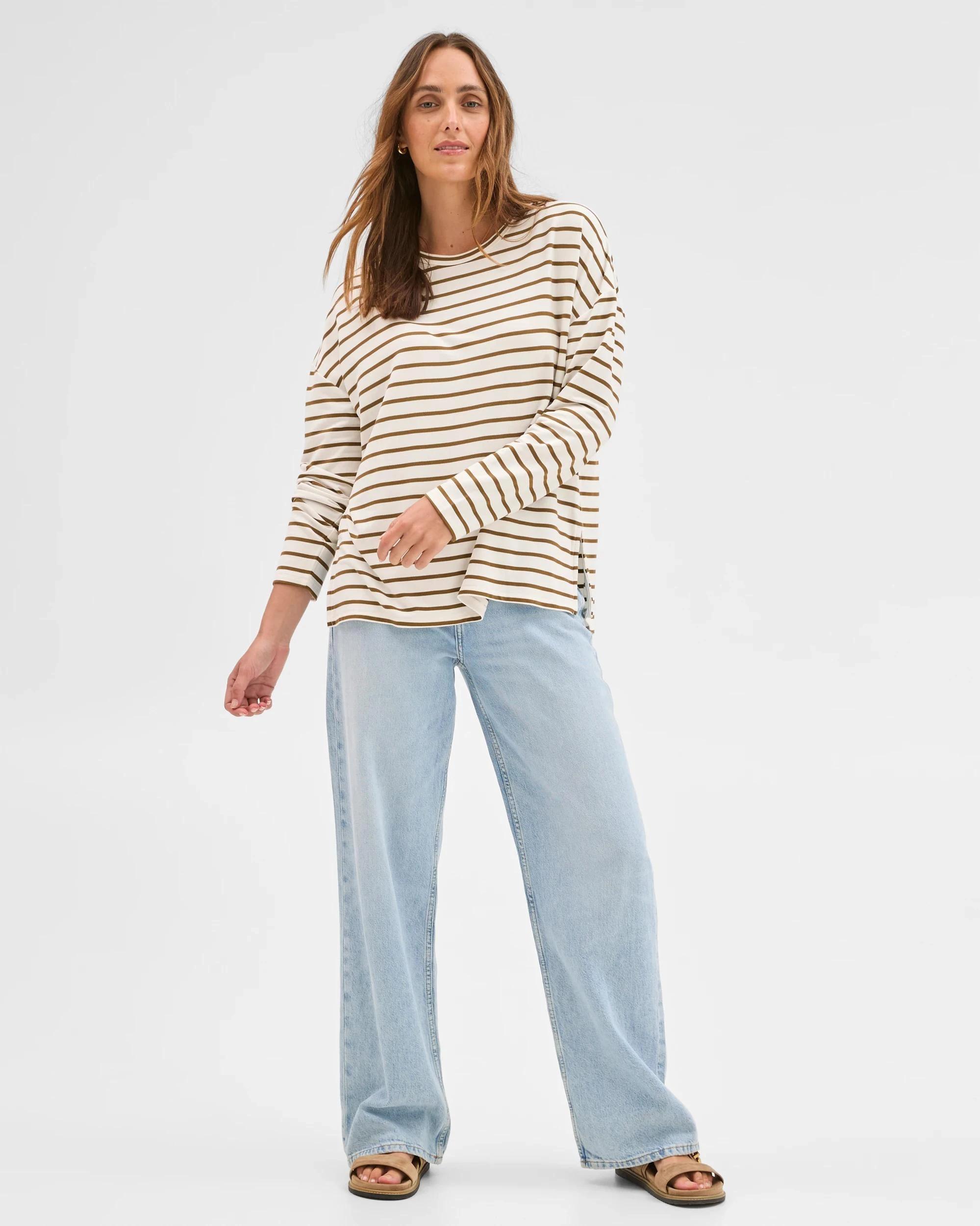 3 Target Woman Long Sleeve Drop Shoulder Curved Hem Top CREAM/OLIVE, 3 of 6