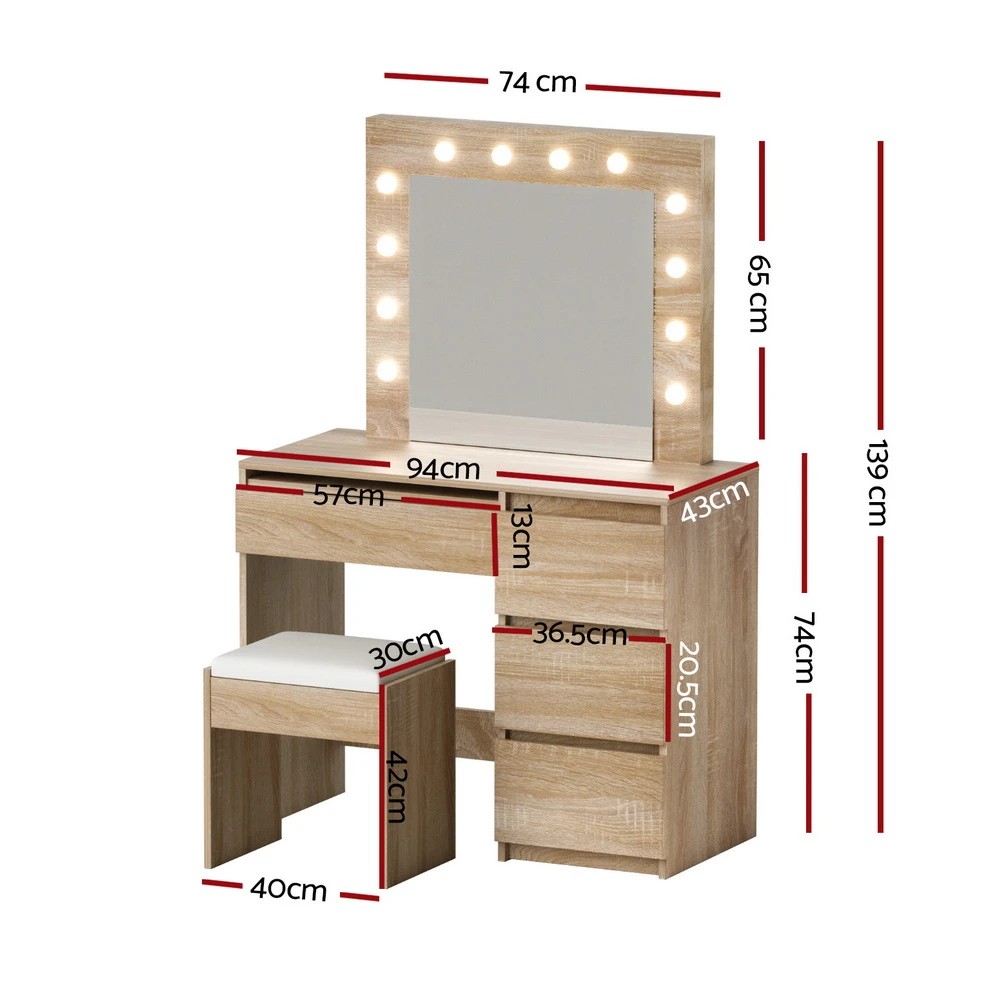 3 Artiss Dressing Table Set Stool 12 Led Bulbs - Natural, 3 of 4