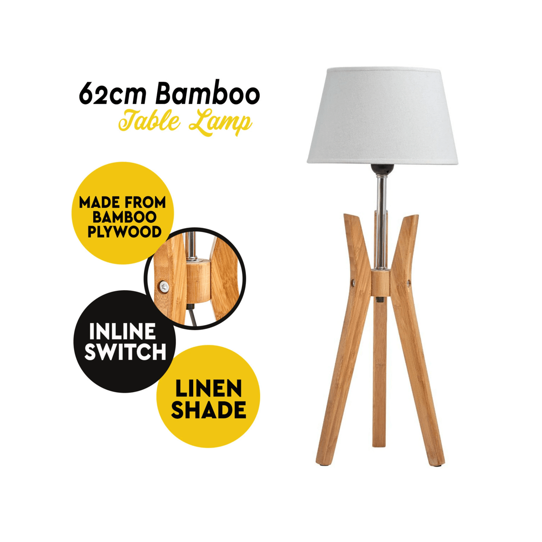 6 BR Home Bamboo Tripod Table Lamp with Linen Shade and Geometric Design, 6 of 7