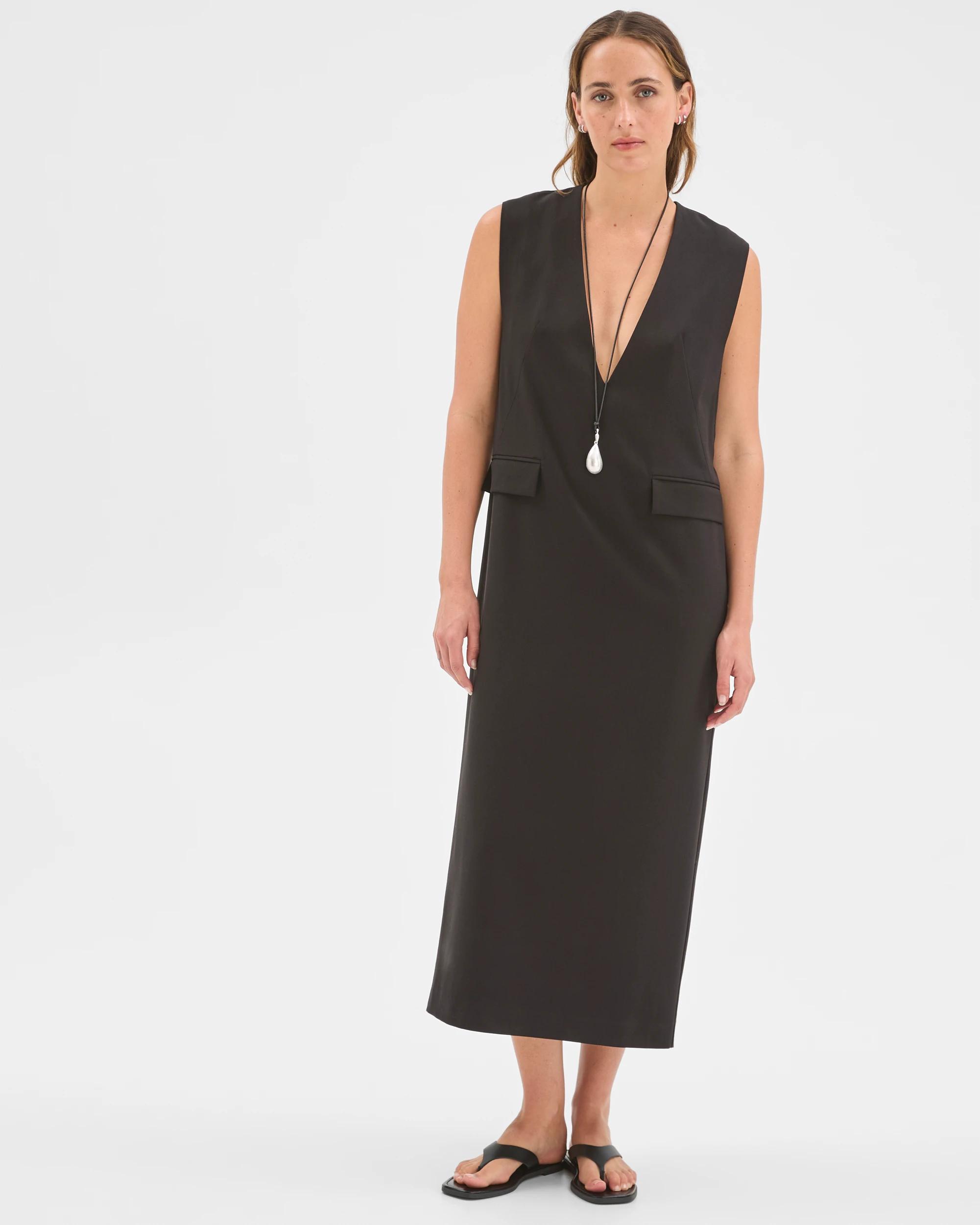 6 Preview Deep V-Neck Column Midi Dress BLACK, 6 of 7