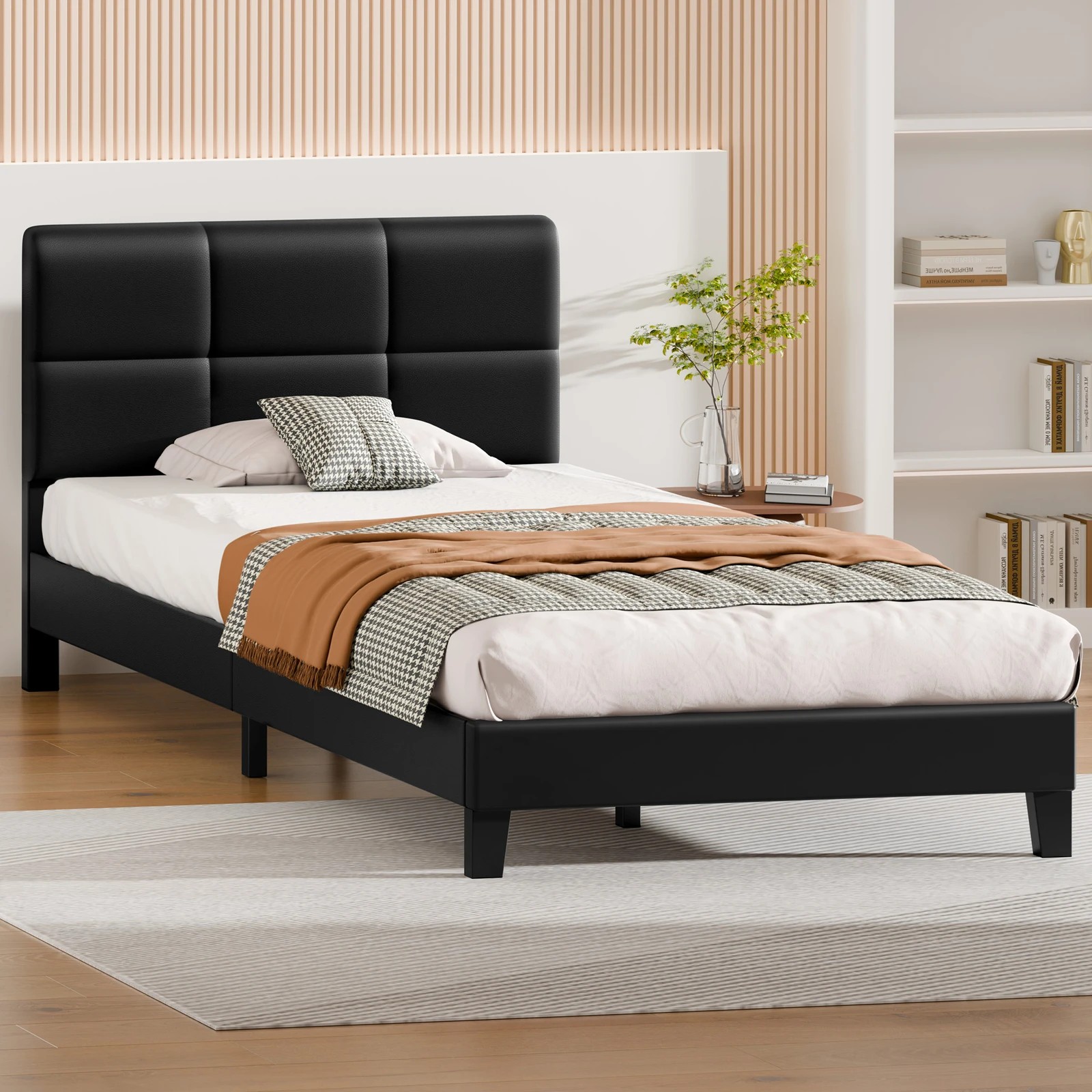 4 Alfordson Bed Frame Single Size Wooden Slats Platform Leather Paula - Black, 4 of 9