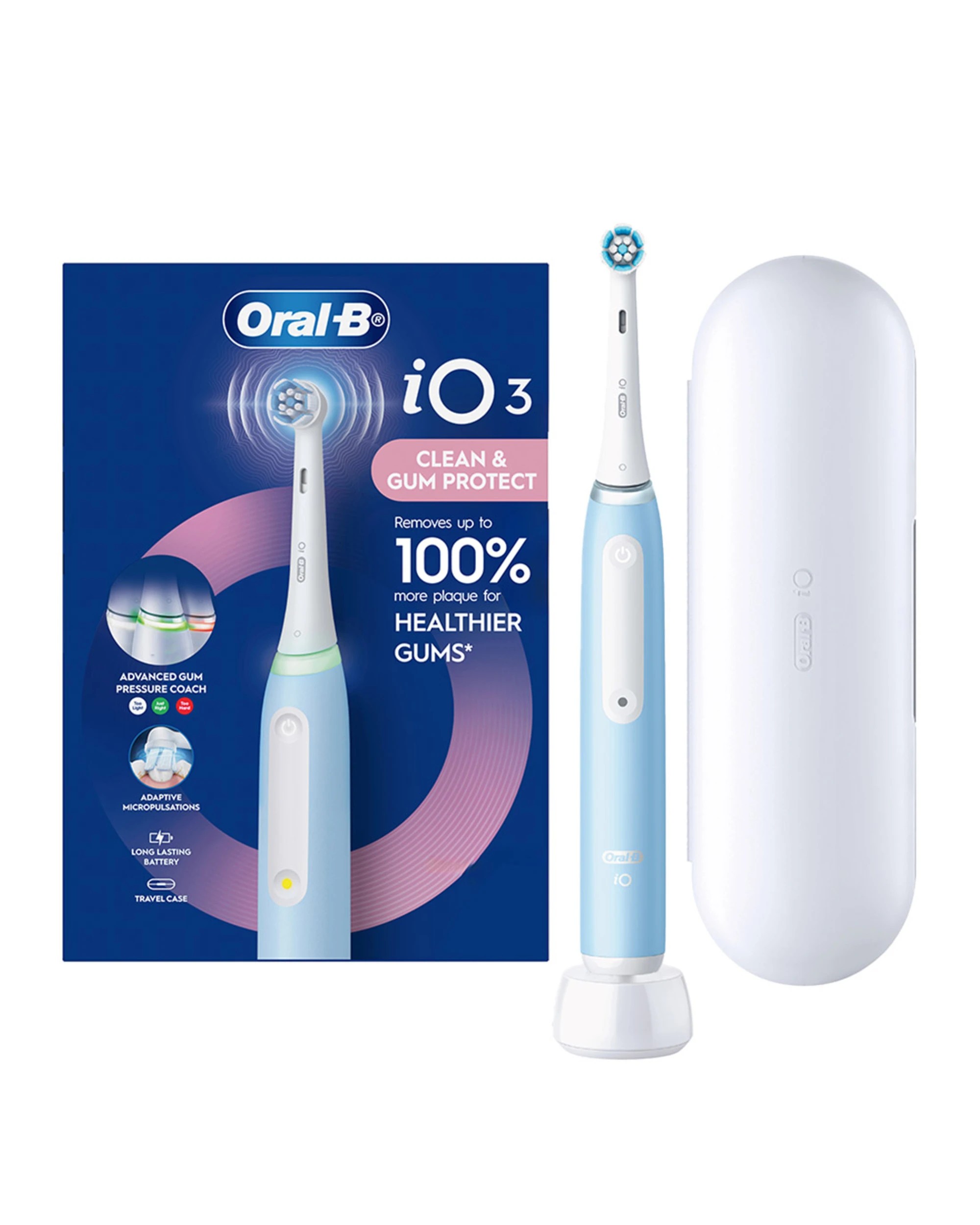 1 Oral-B iO 3 Series Electric Toothbrush w/ Travel Case - Blue, 1 of 2