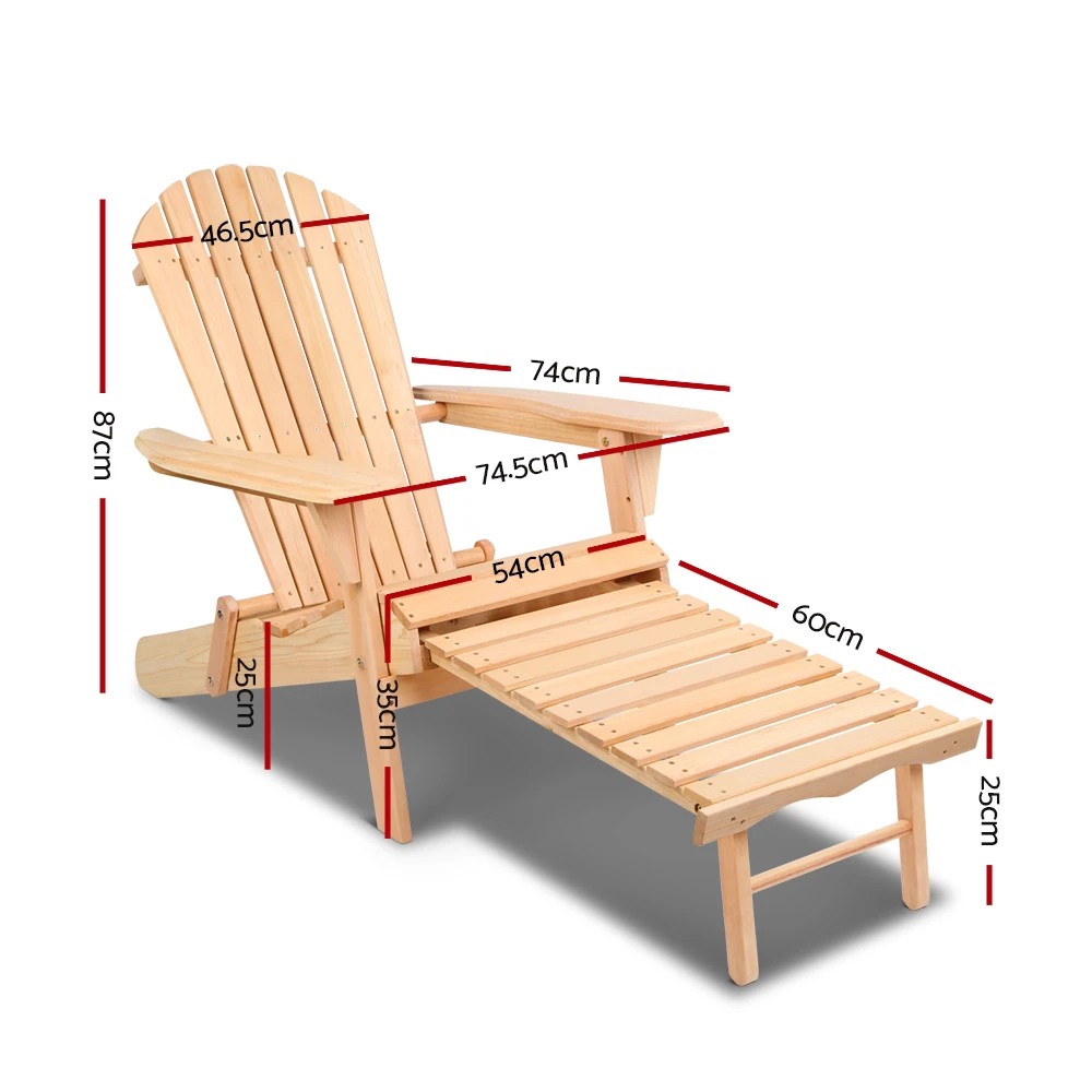 2 Gardeon 2PC Adirondack Outdoor Chairs Wooden Sun Lounge Patio Furniture Garden - Natural, 2 of 5