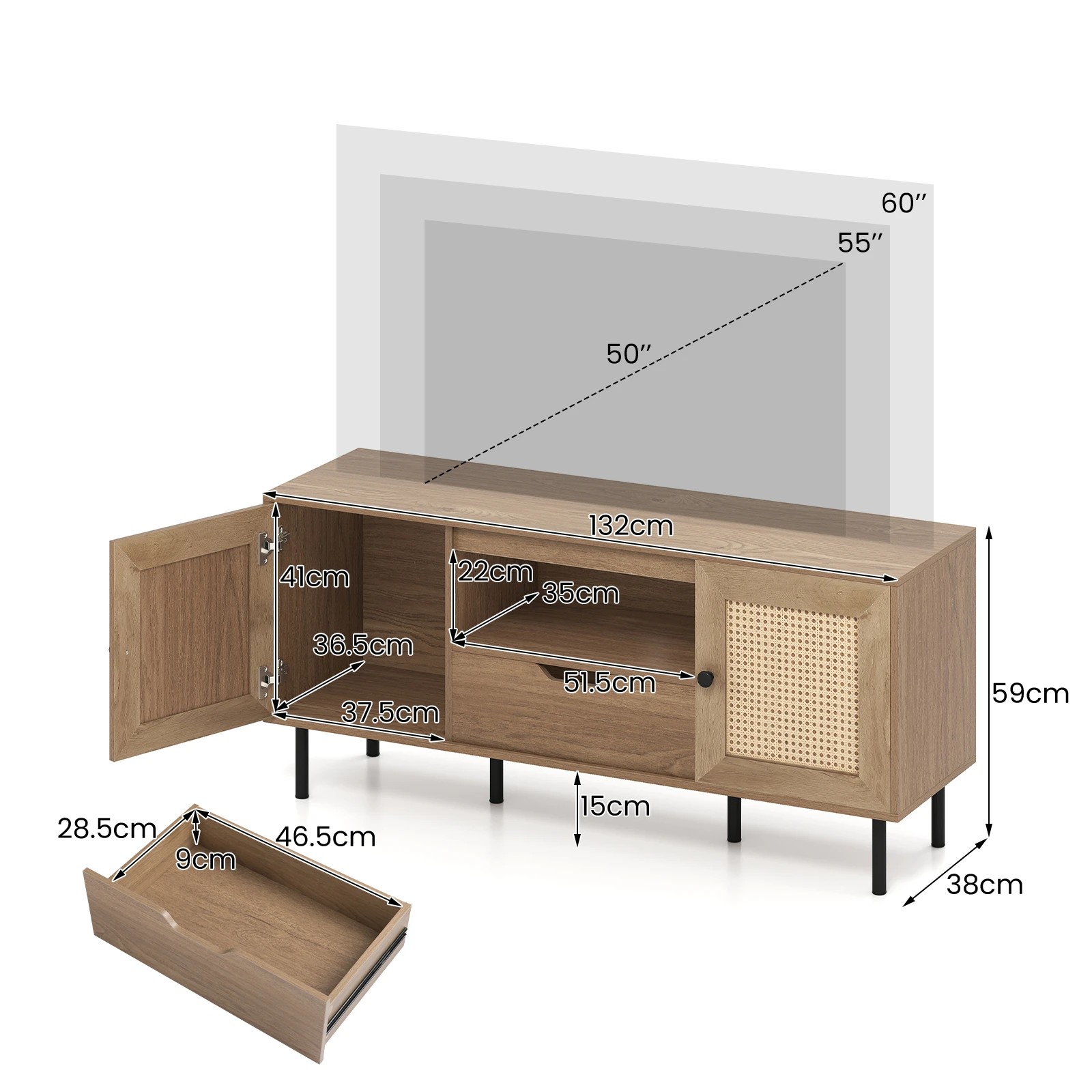 4 Costway Entertainment Unit TV Cabinet w/Doors & Metal Legs Media Console Table, 4 of 5