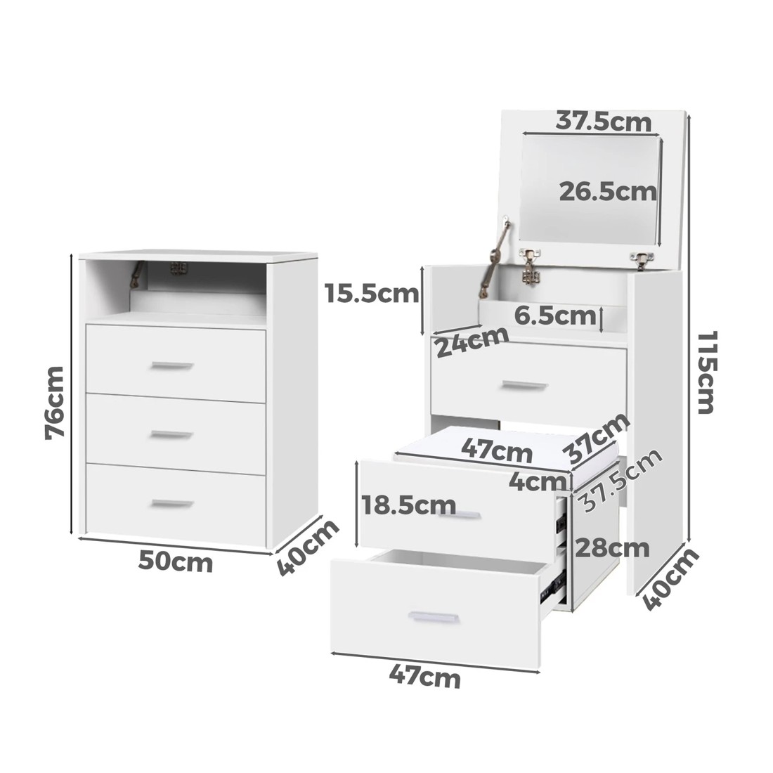 9 Alfordson Dressing Table Stool Set 2-In-1 Bedside Table Makeup Mirror - White, 9 of 10