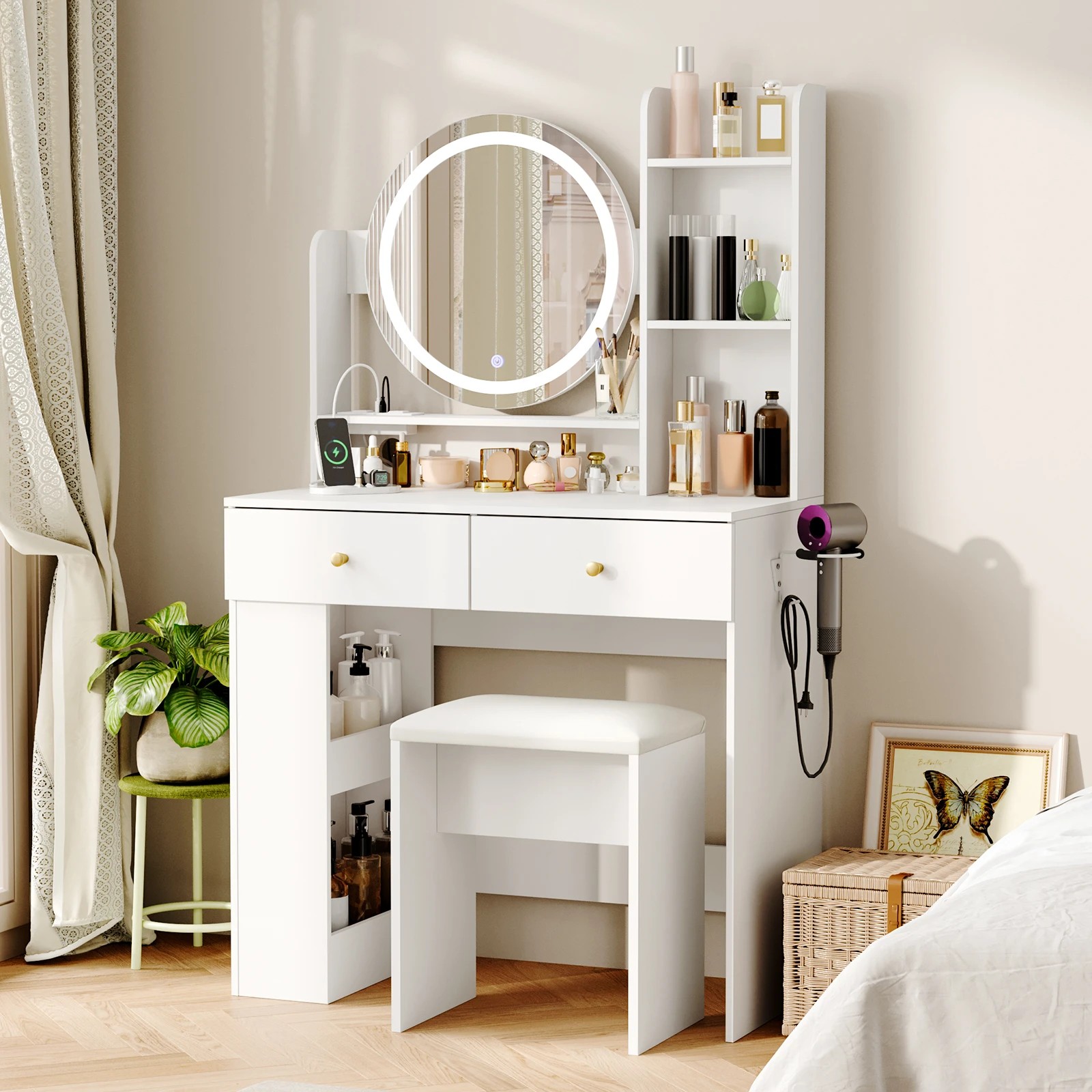 2 Advwin Dressing Table Set with LED Lighted Round Mirror - White, 2 of 9