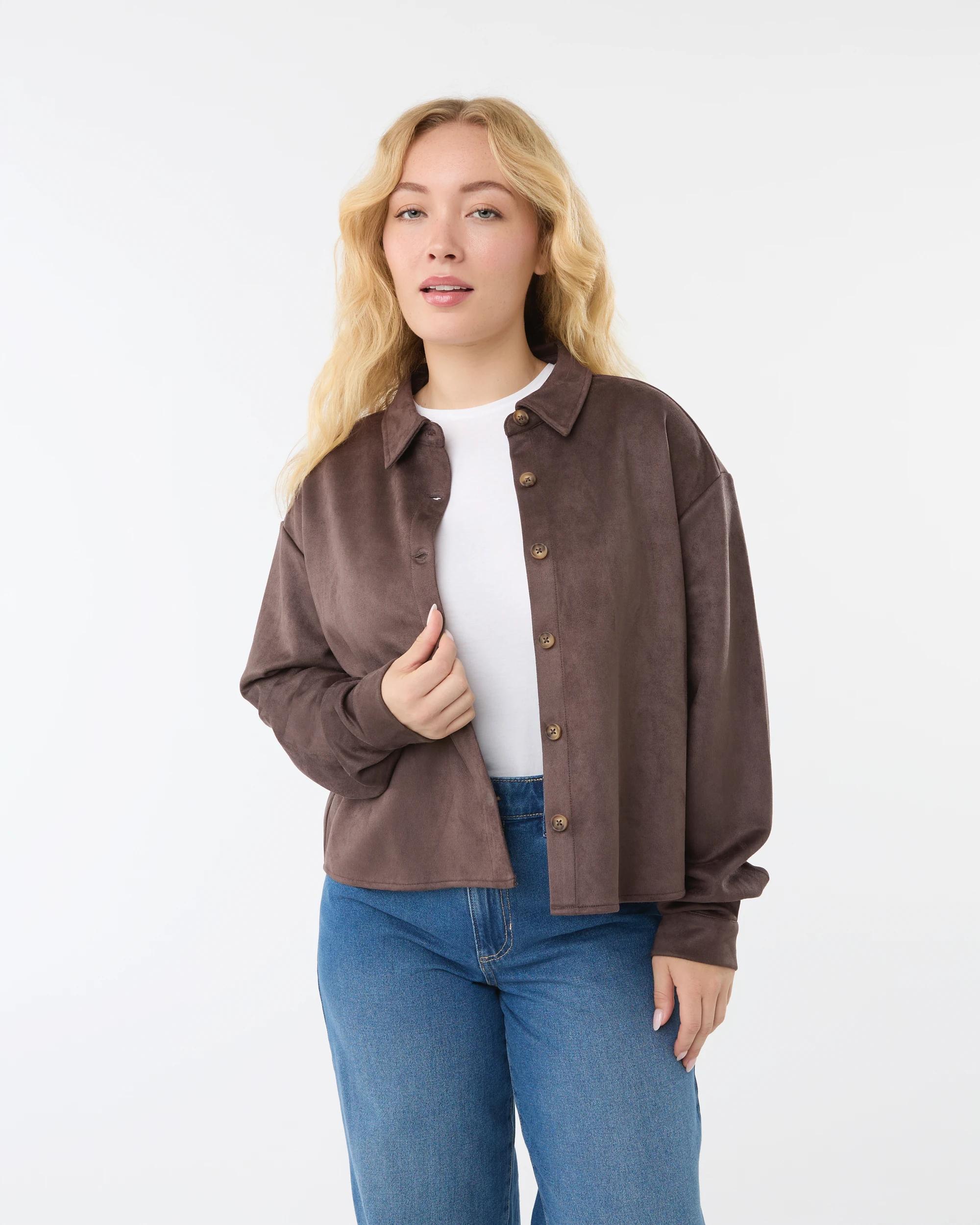 2 Long Sleeve Suedette Shirt Choc Plum, 2 of 10