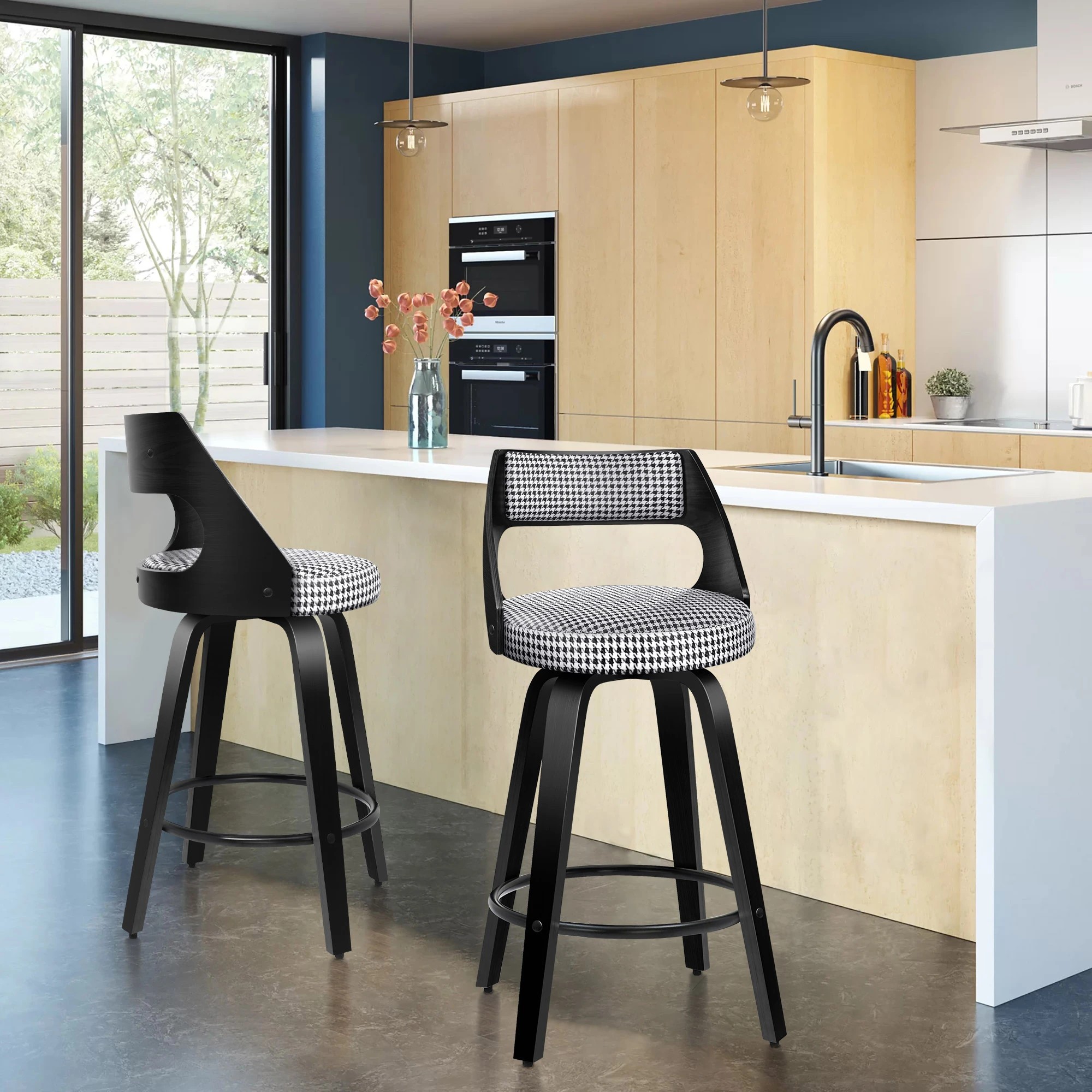 5 Alfordson 2x Swivel Bar Stools 65cm Houndstooth Kitchen Dining Chair - Black, 5 of 9