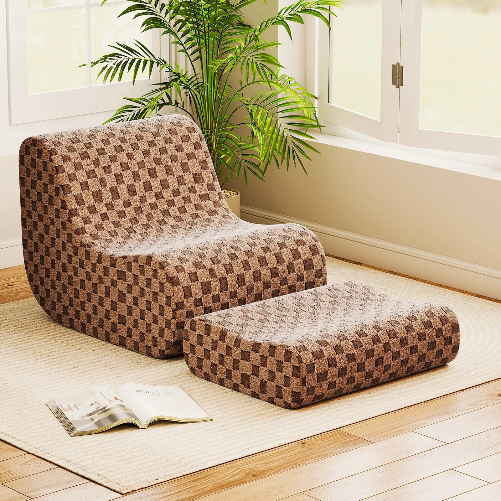 2 Costway 2PCS Bean Bag Chair w/Ottoman Lazy Sofa Lounger Seat Washable Cover - Brown, 2 of 3