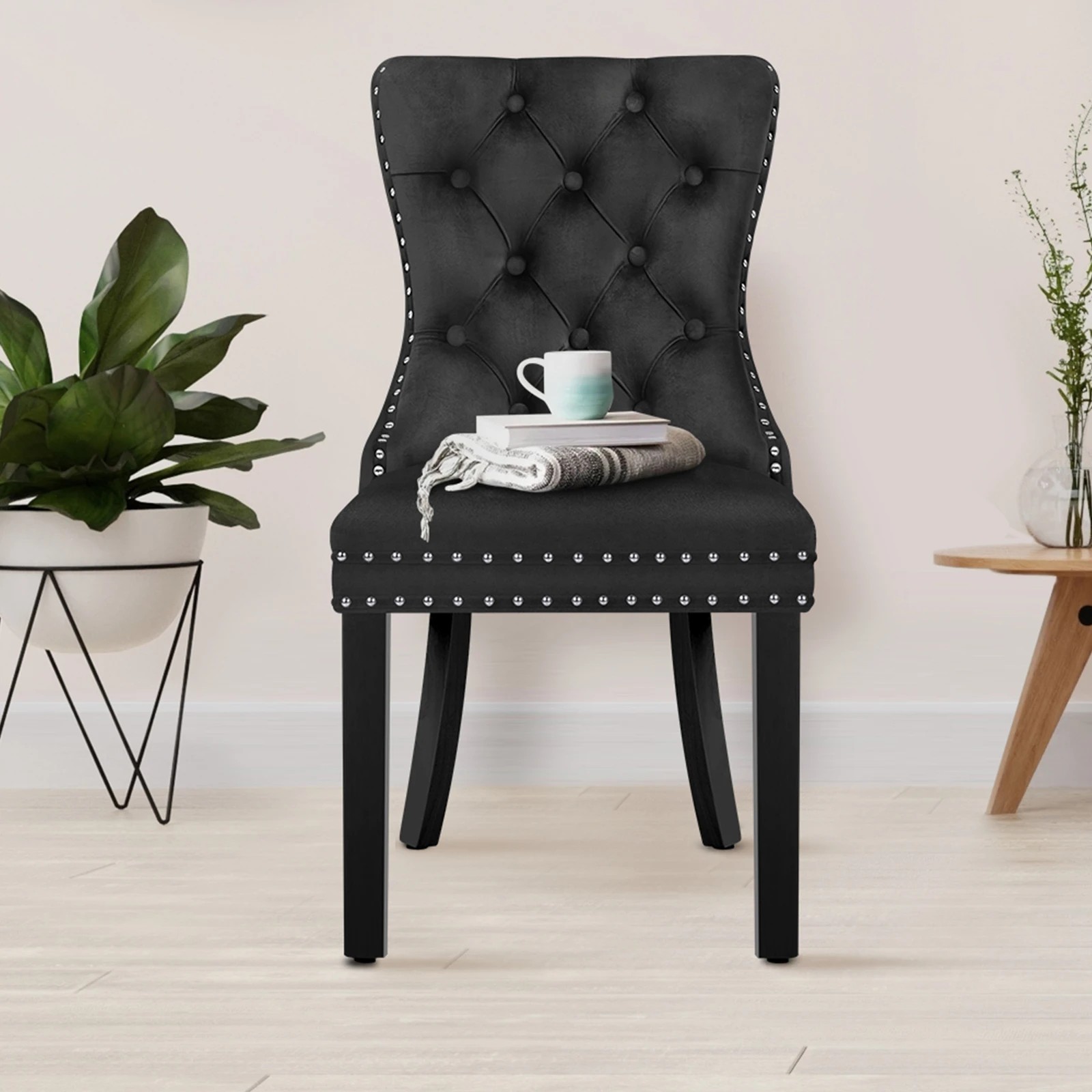 5 Alfordson 4x Dining Chair Kitchen Lounge Retro Button Tufted Wooden Velvet - Black, 5 of 10