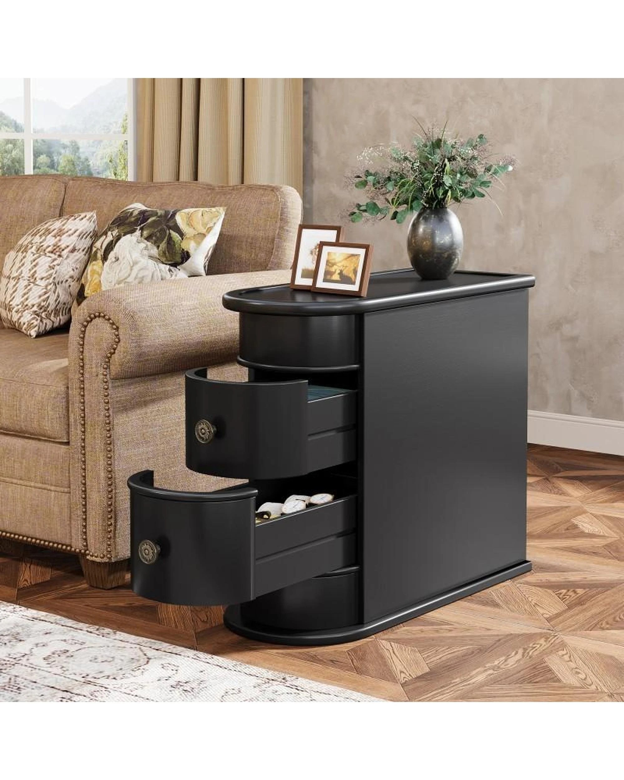 3 OAKORY 60cm End Table with 2 Drawers, Fully Assembled Narrow Side Table Black - Black, 3 of 6