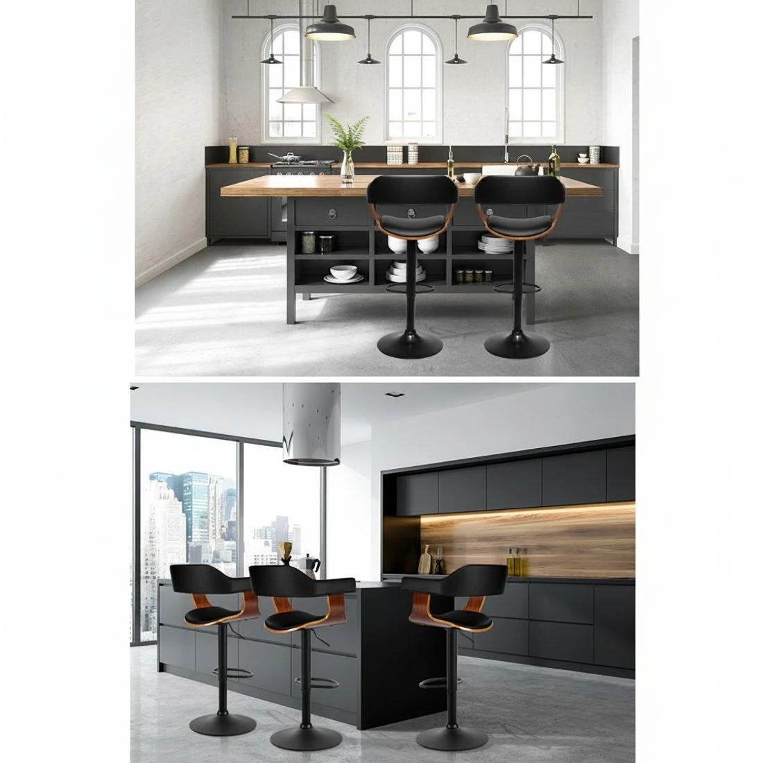 4 Artiss 2x Bar Stools Gas Lift Leather w/Armrest All - Black, 4 of 5