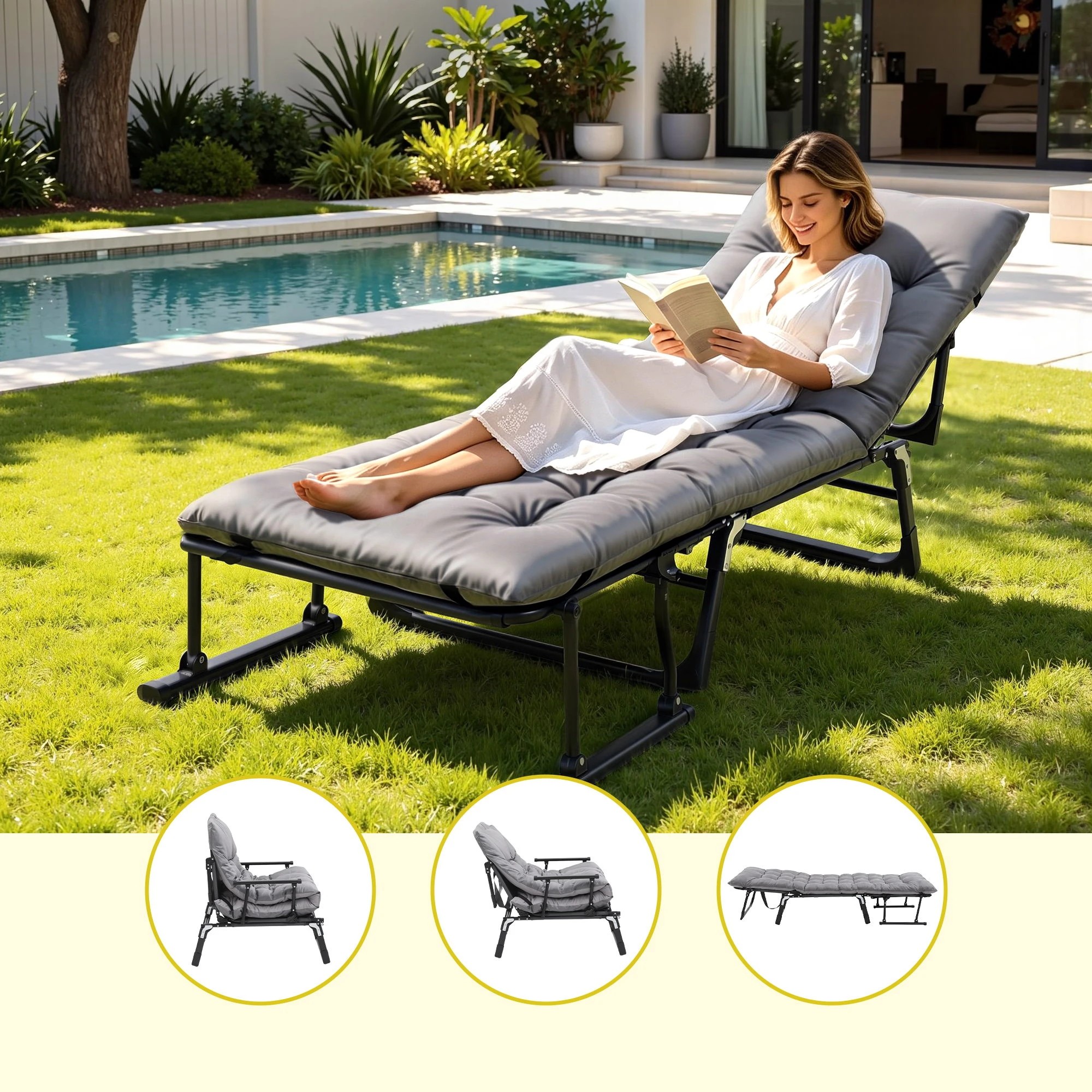5 Gardeon 3-in-1 Sun Lounger Folding Camping Chair Adjustable Recliner Patio Furniture for Office Nap, Poolside - Grey, 5 of 8