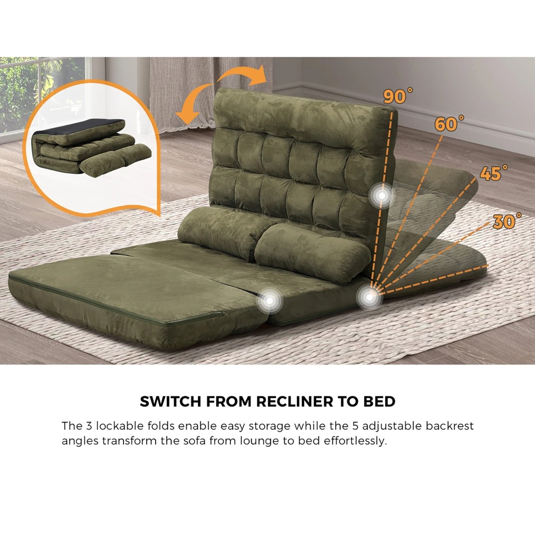 4 Oikiture Lounge Sofa Bed Floor Recliner 2 Seater Chaise Chair Folding
 - Green, 4 of 10