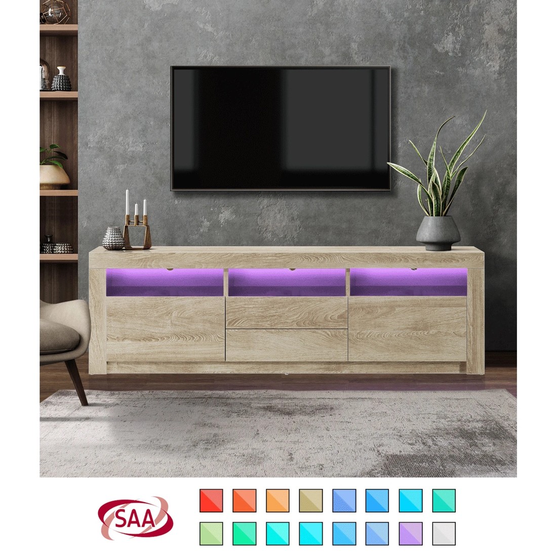 3 Oikiture Entertainment Unit Rgb Led Gloss Black 180cm
 - Natural, 3 of 10