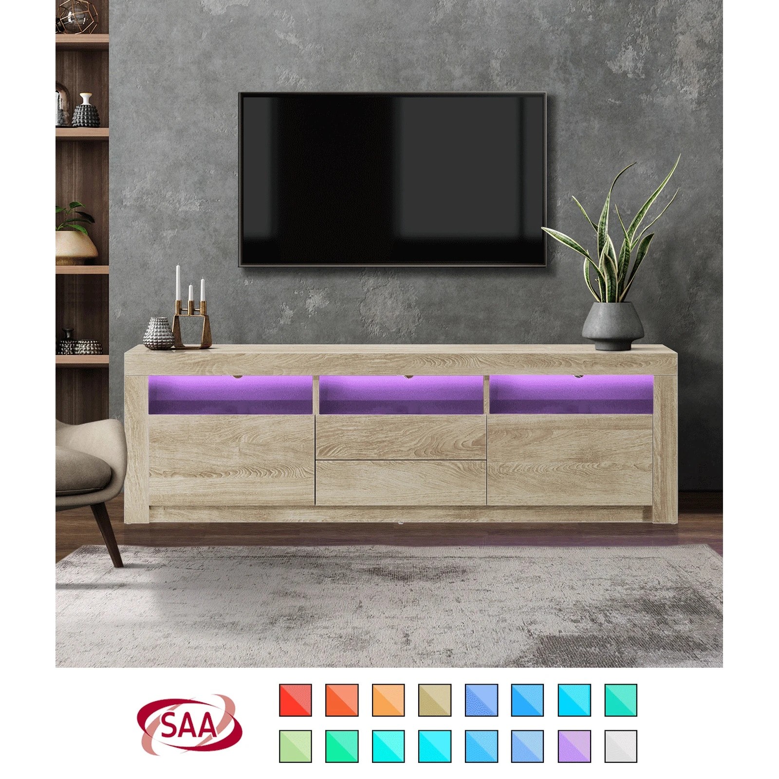 3 Oikiture Entertainment Unit Rgb Led Gloss Black 180cm
 - Natural, 3 of 9