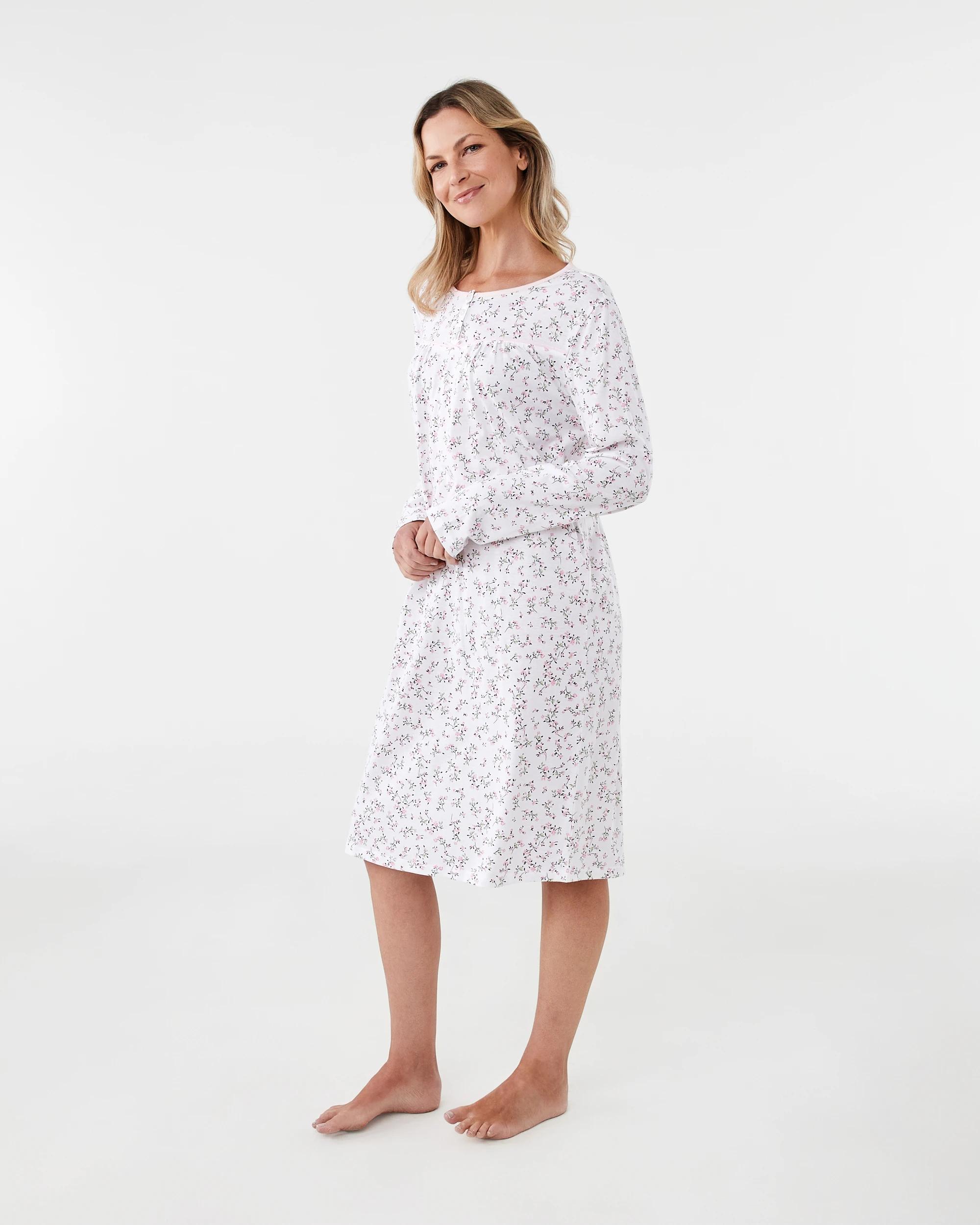 2 Cotton Blend Long Sleeve Traditional Nightie Pink Sprig, 2 of 5