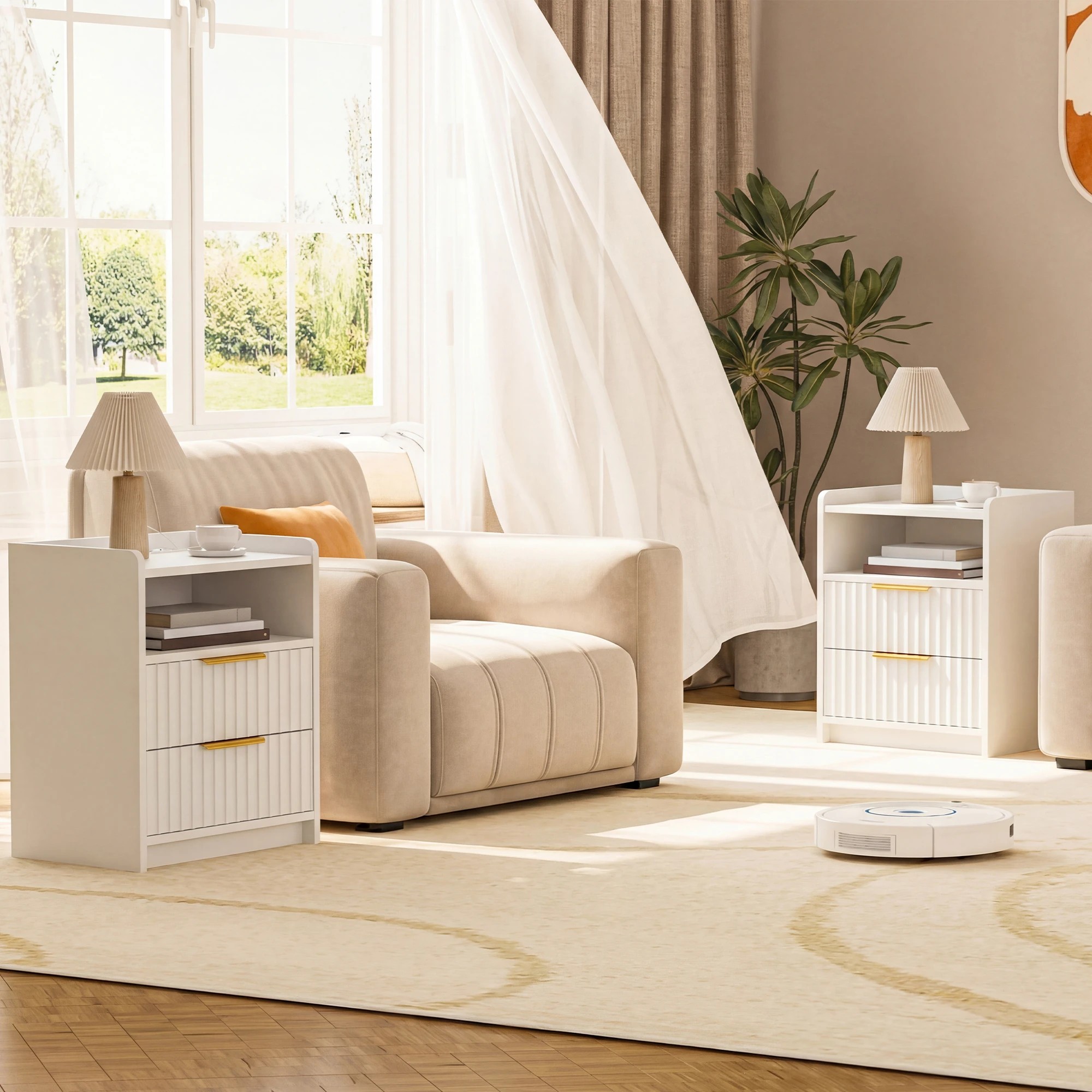 6 Advwin Set of 2 Bedside Table with Charging Station 2 Drawers Open Shelf - White, 6 of 6