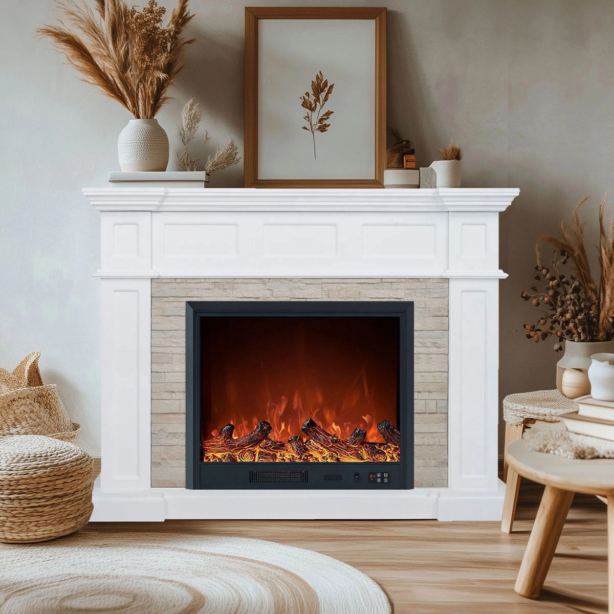 1 Moda Living Hudson Electric Fireplace Heater Stone Veneer Mantel Suite with Orion Insert - White, 1 of 5