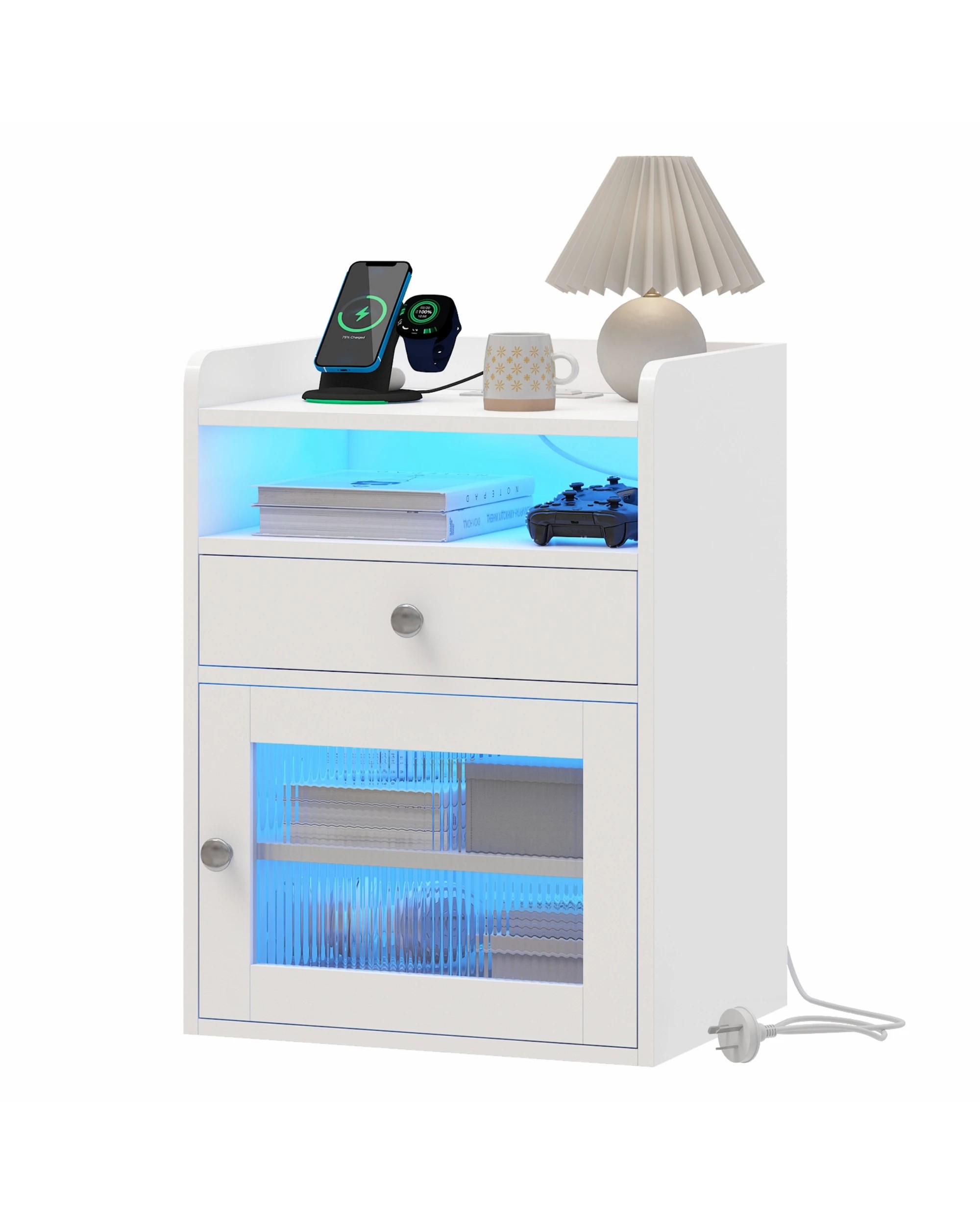 4 Advwin 2xBedside Table Acrylic Door With with Charging Station & LED Light - White, 4 of 8