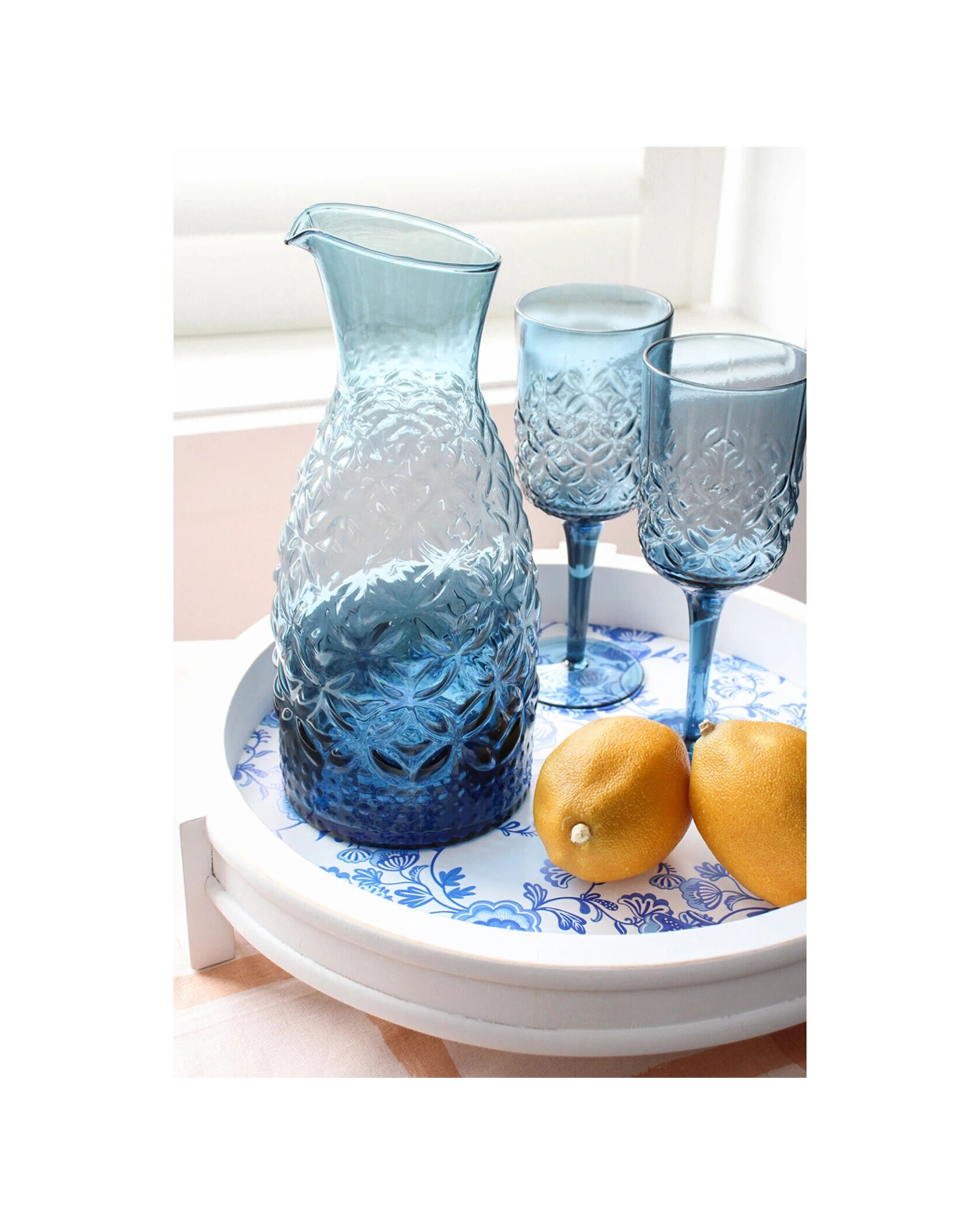 2 LVD Stemmed 19cm Wine Cocktail Glass Drinking Cup Vintage Embossed Texture - Blue, 2 of 3