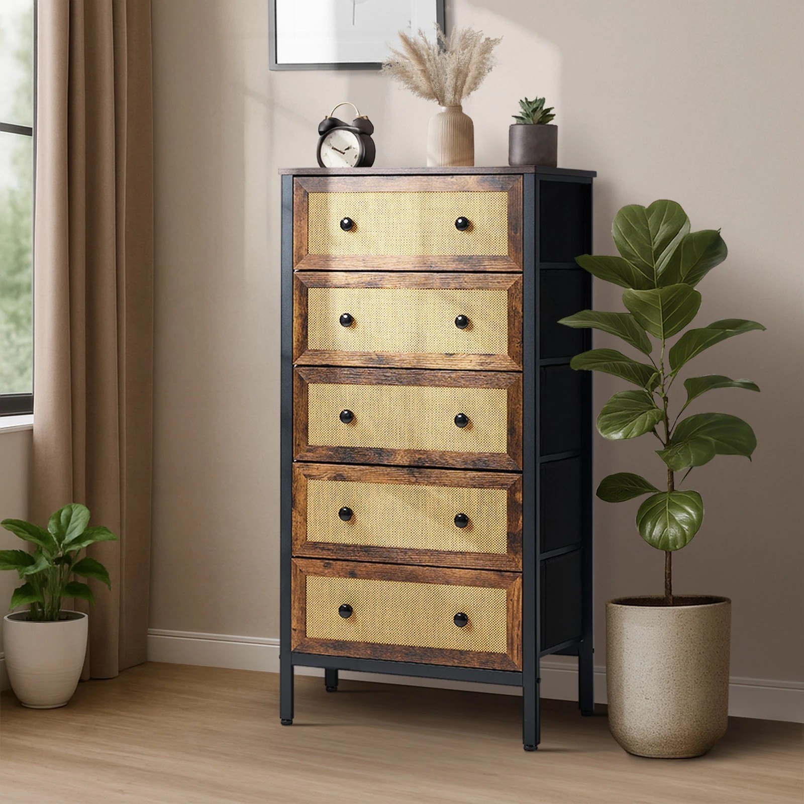 3 Oikiture 5 Chest of Drawers Storage Cabinet Rattan Fabric Dresser Tallboy - Multi, 3 of 6