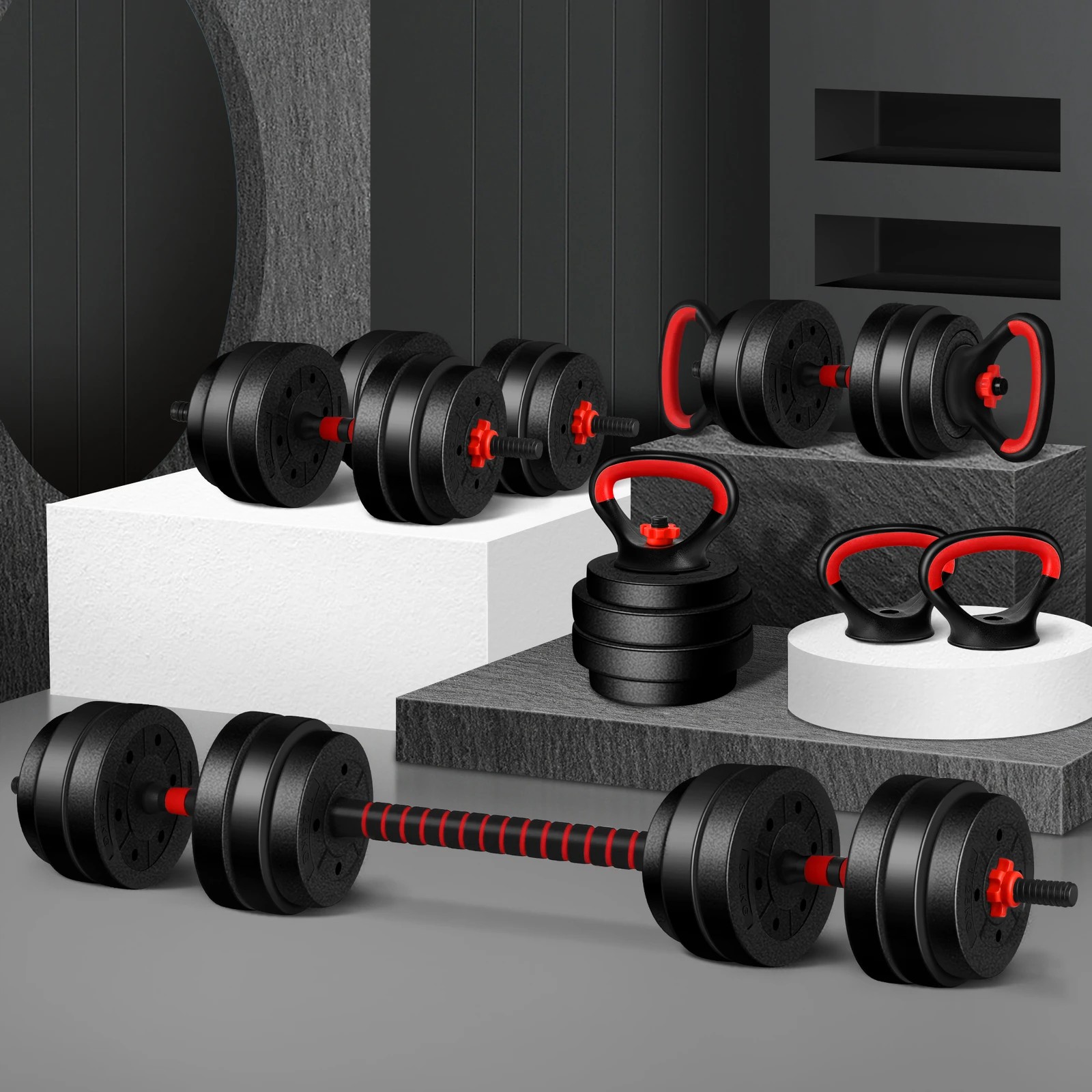 2 Black Lord Dumbbell Set 7in1 Adjustable Barbell Kettlebell Home Gym Fitness 40kg, 2 of 9