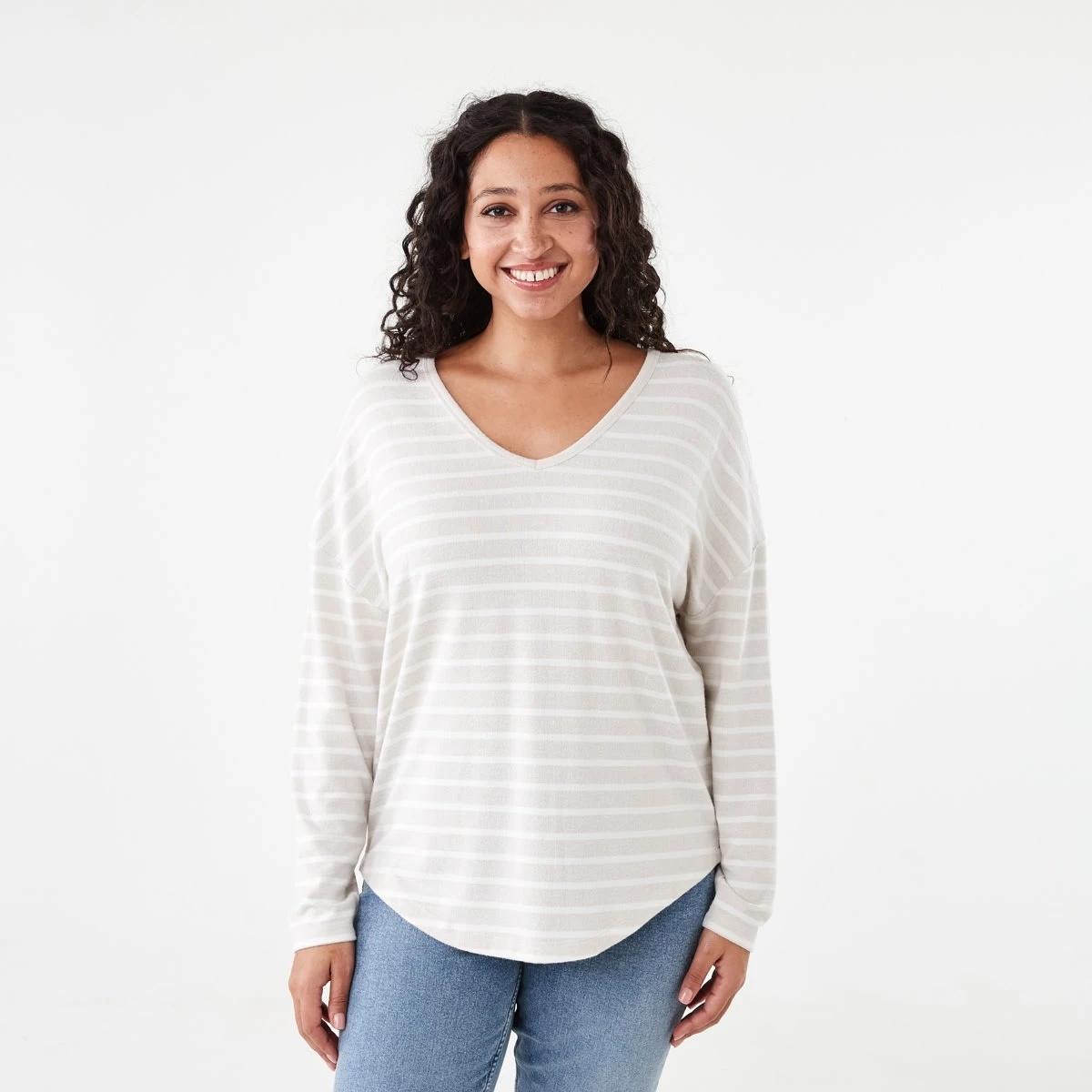 1 Long Sleeve Brushed V-Neck Top Tonal Strp, 1 of 5
