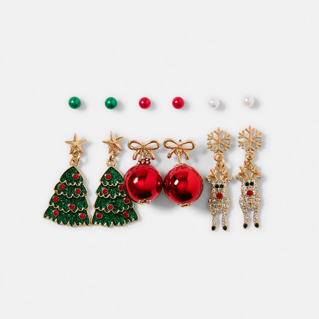 1 6 Pack Christmas Tree Reindeer Earrings - Red, Green and Gold Tone, 1 of 5