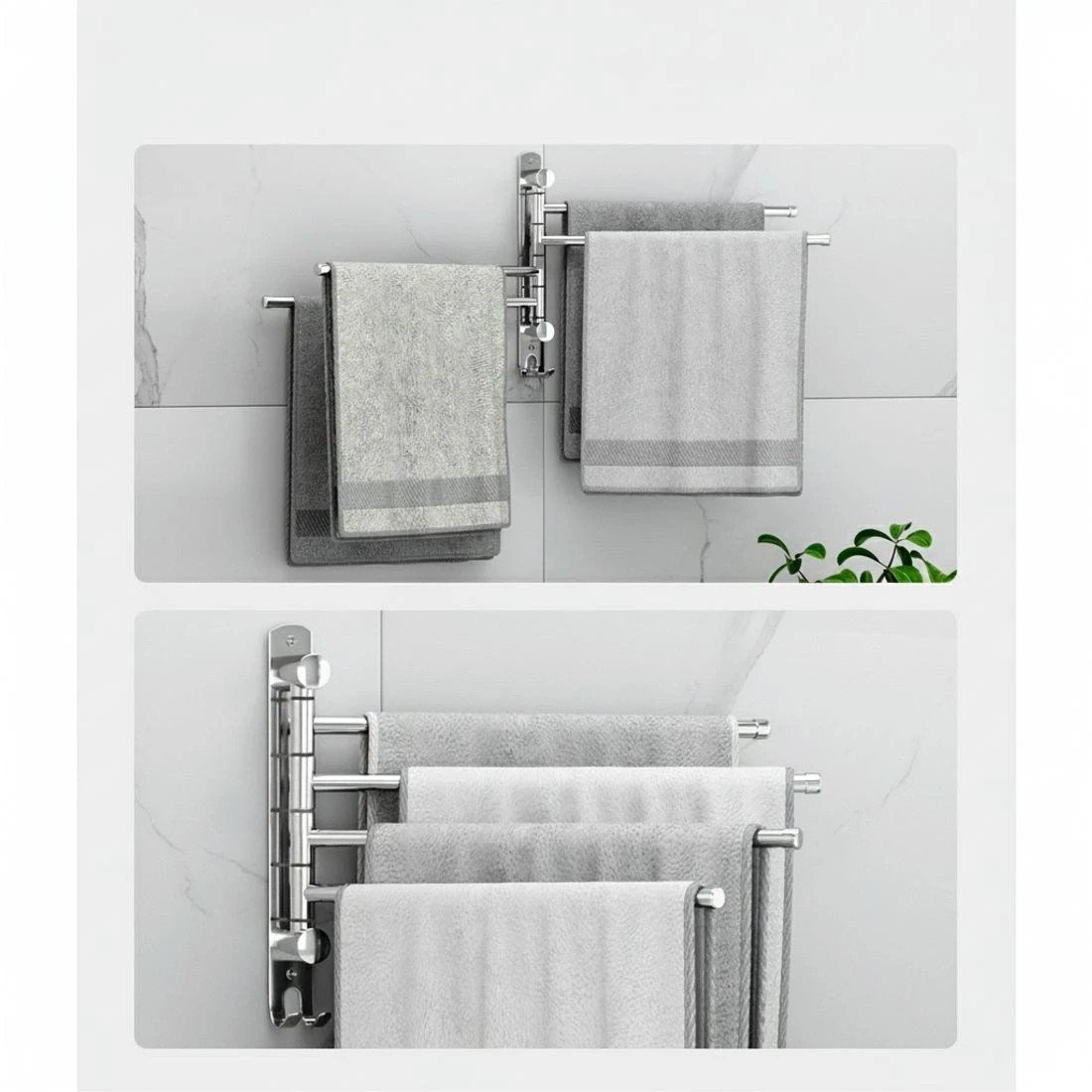 3 Towel Rail Rack Holder 4 Bars Wall Mounted Stainless Steel Swivel Hanging Hook - Silver, 3 of 4